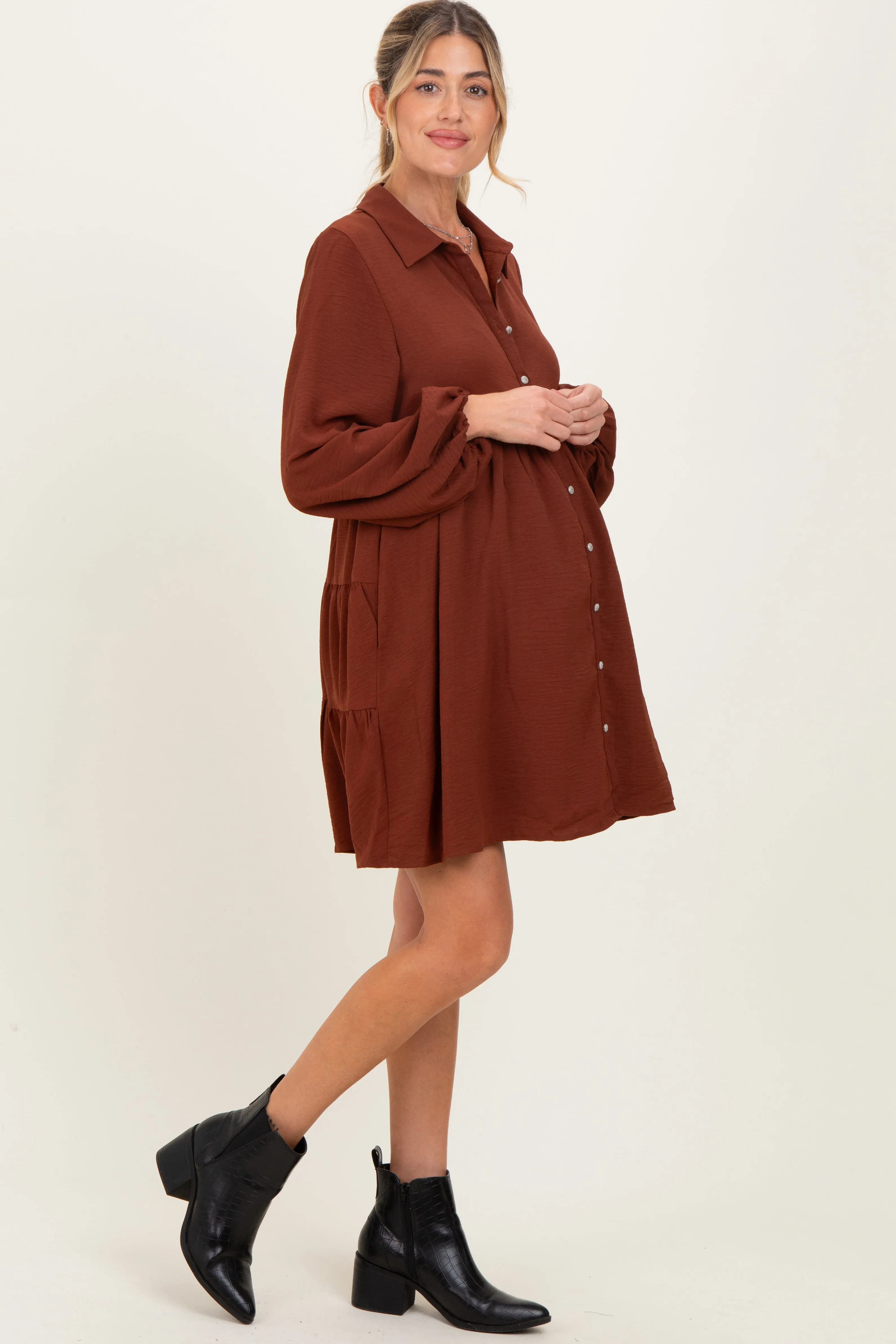 Brown Tiered Back Detail Button Down Maternity Dress sold by Pinkblush product image thumbnail 3