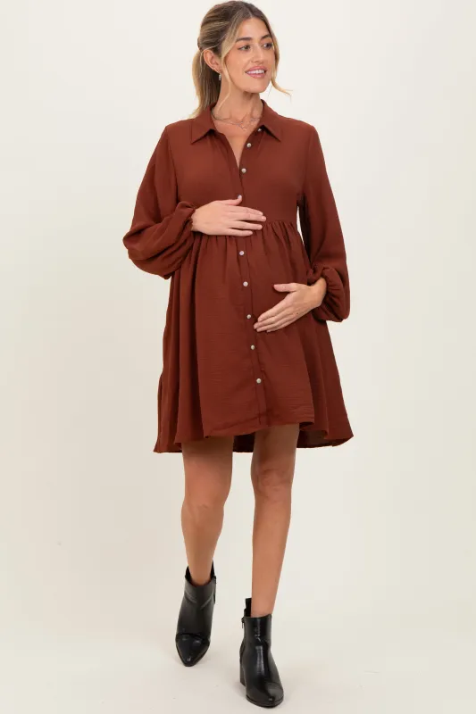 Brown Tiered Back Detail Button Down Maternity Dress sold by Pinkblush
