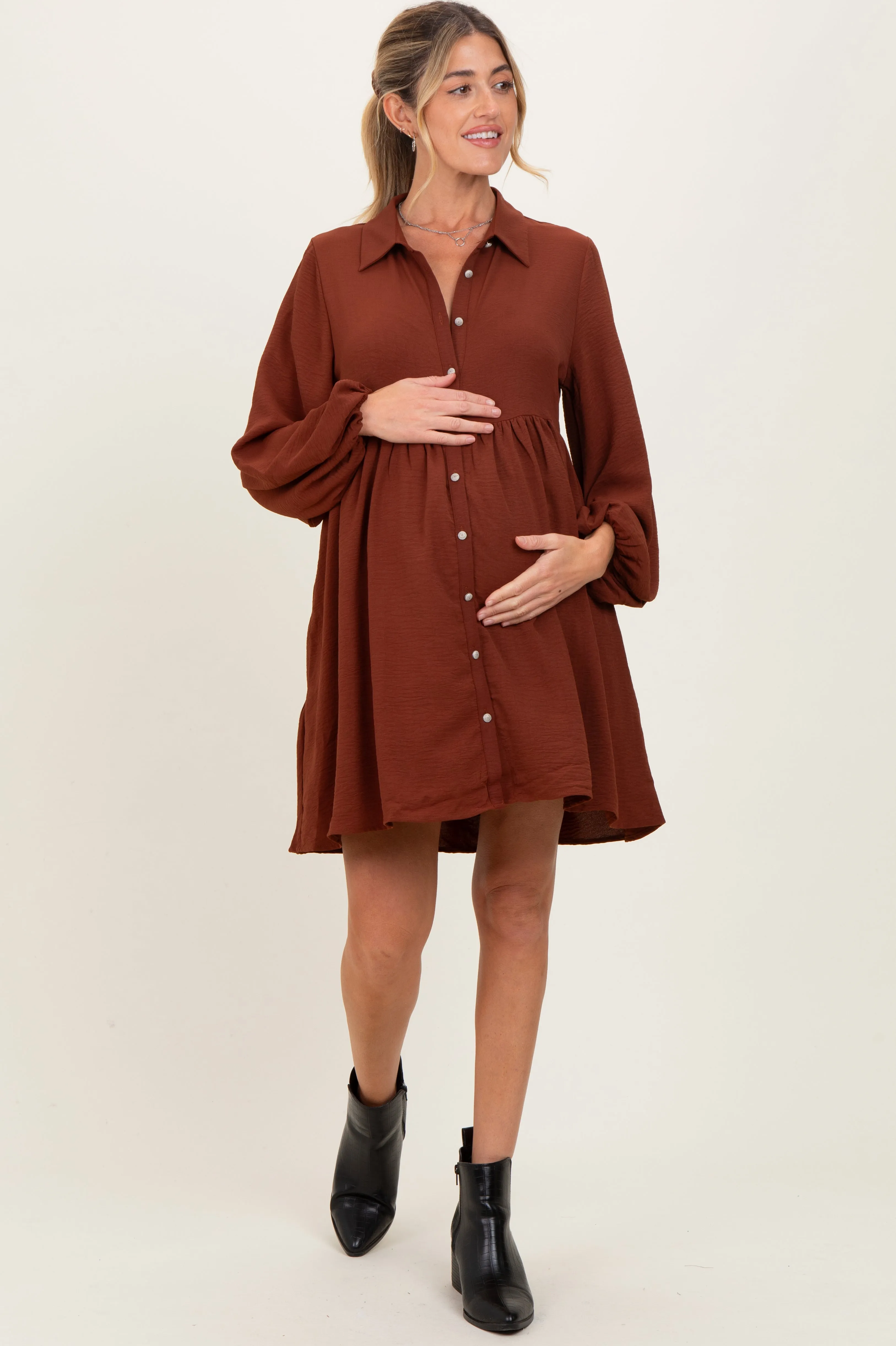 Brown Tiered Back Detail Button Down Maternity Dress sold by Pinkblush