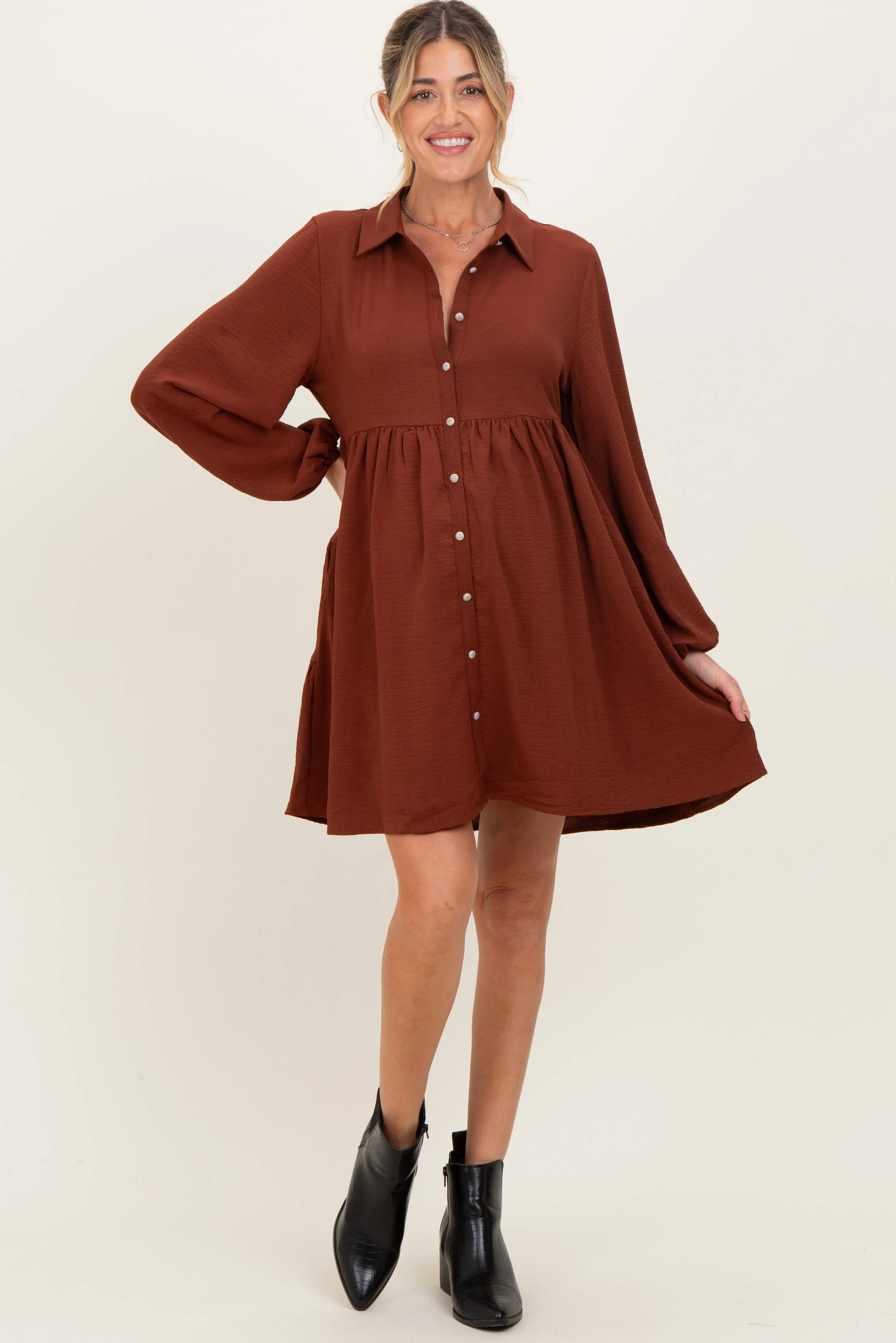 Brown Tiered Back Detail Button Down Maternity Dress sold by Pinkblush product image thumbnail 2