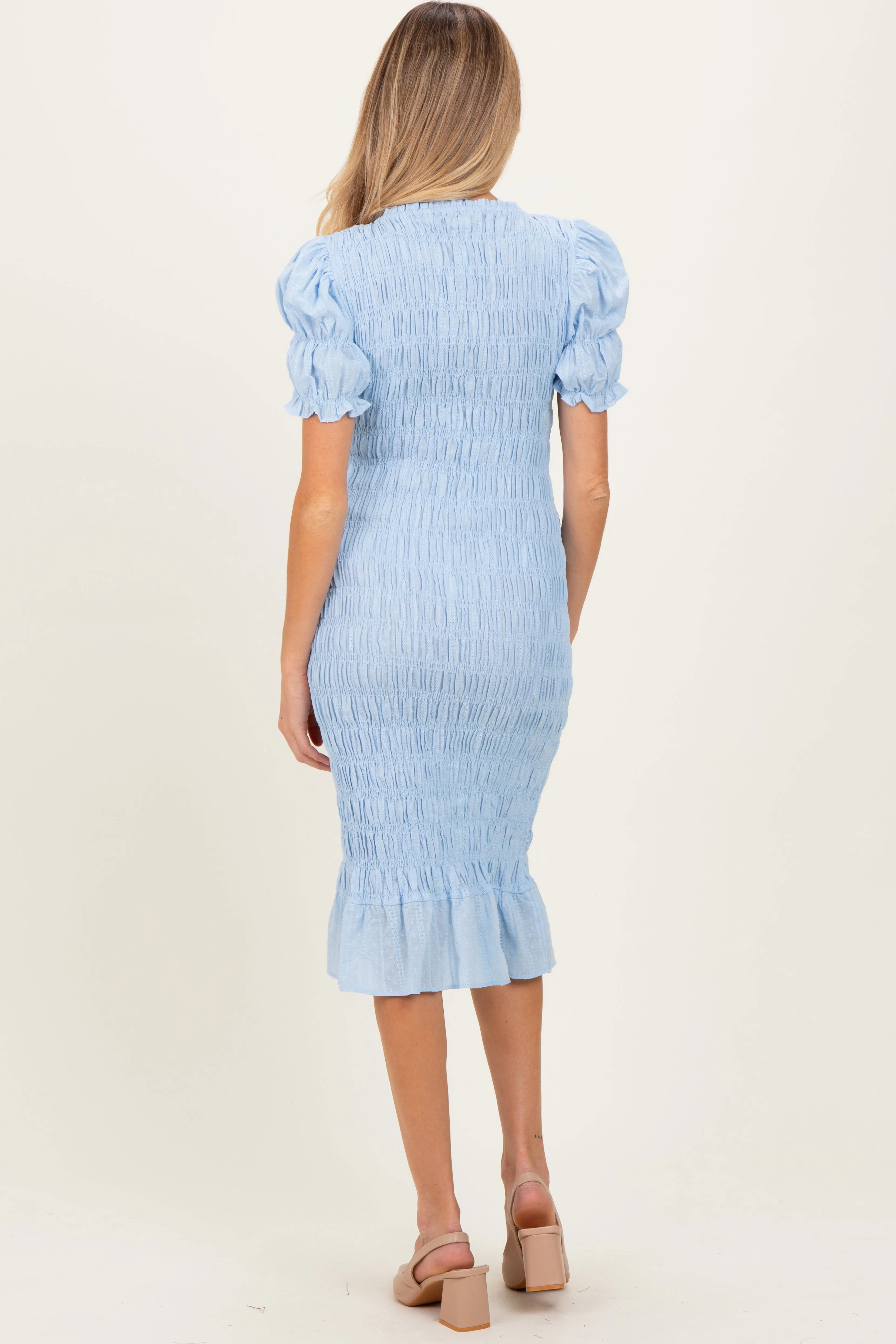 Light Blue Smocked Fitted Maternity Midi Dress sold by Pinkblush product image thumbnail 4