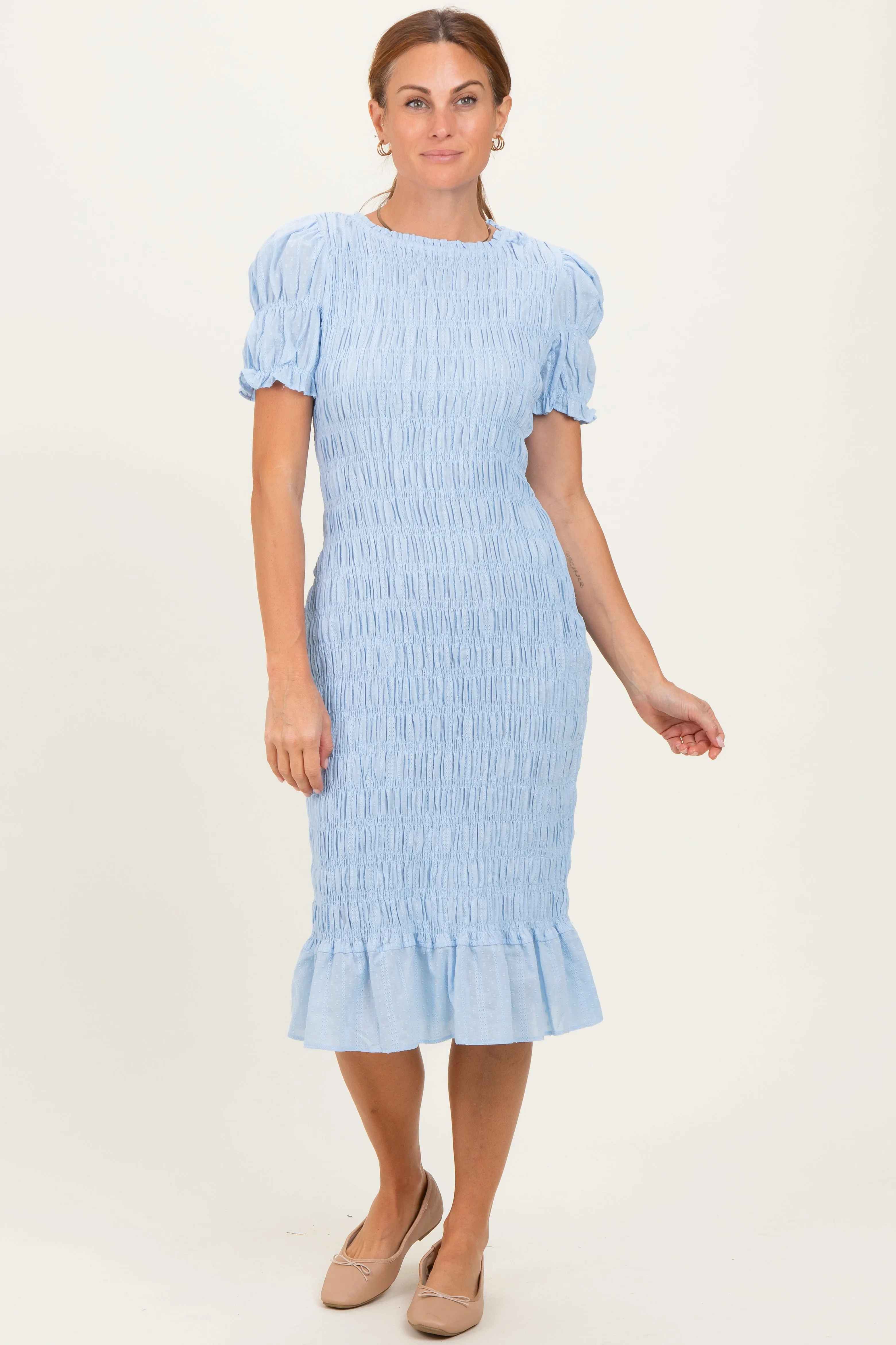 Light Blue Smocked Fitted Maternity Midi Dress sold by Pinkblush product image thumbnail 5