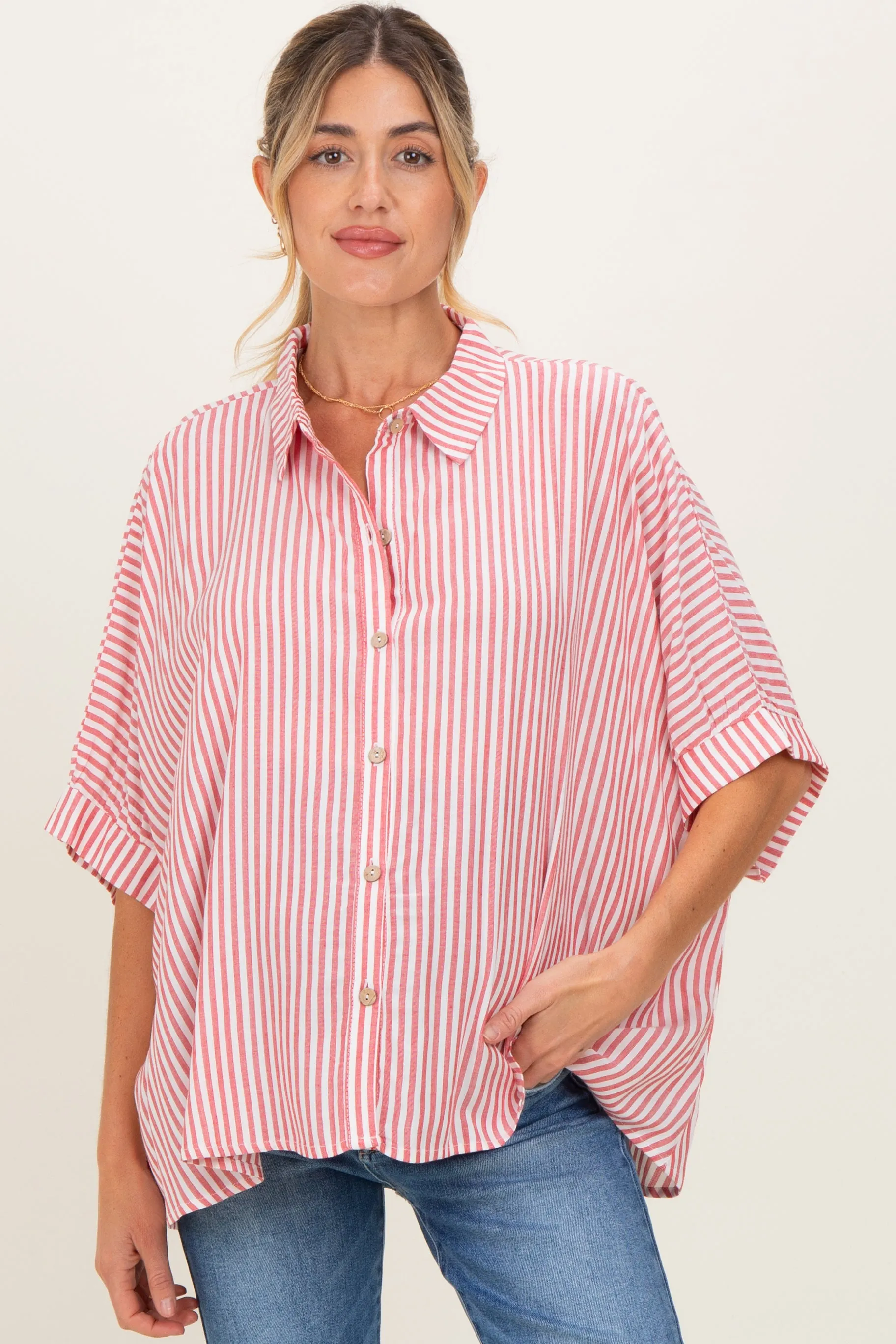 Red Striped Button Up Dolman Maternity Top sold by Pinkblush