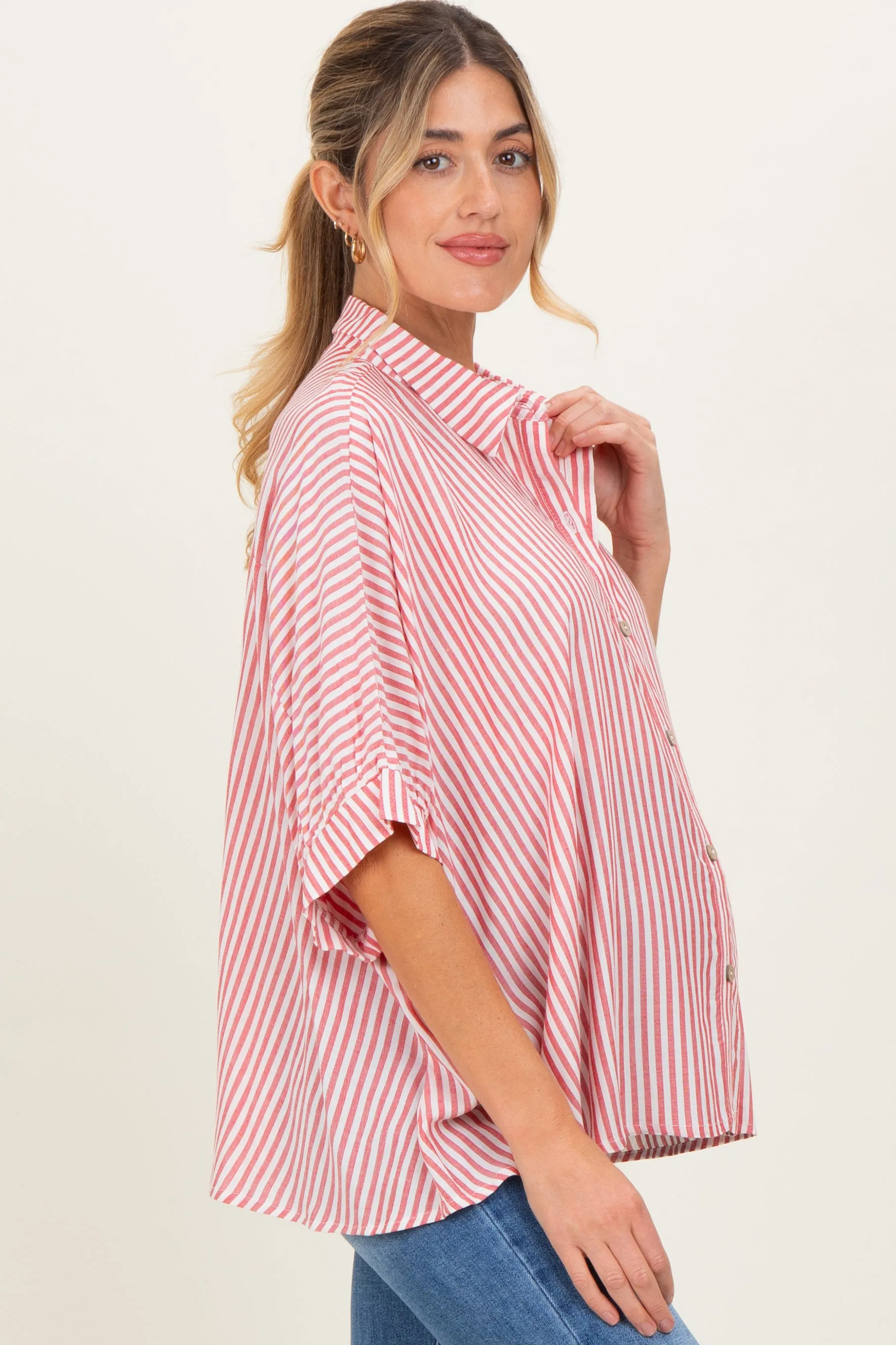 Red Striped Button Up Dolman Maternity Top sold by Pinkblush product image thumbnail 3