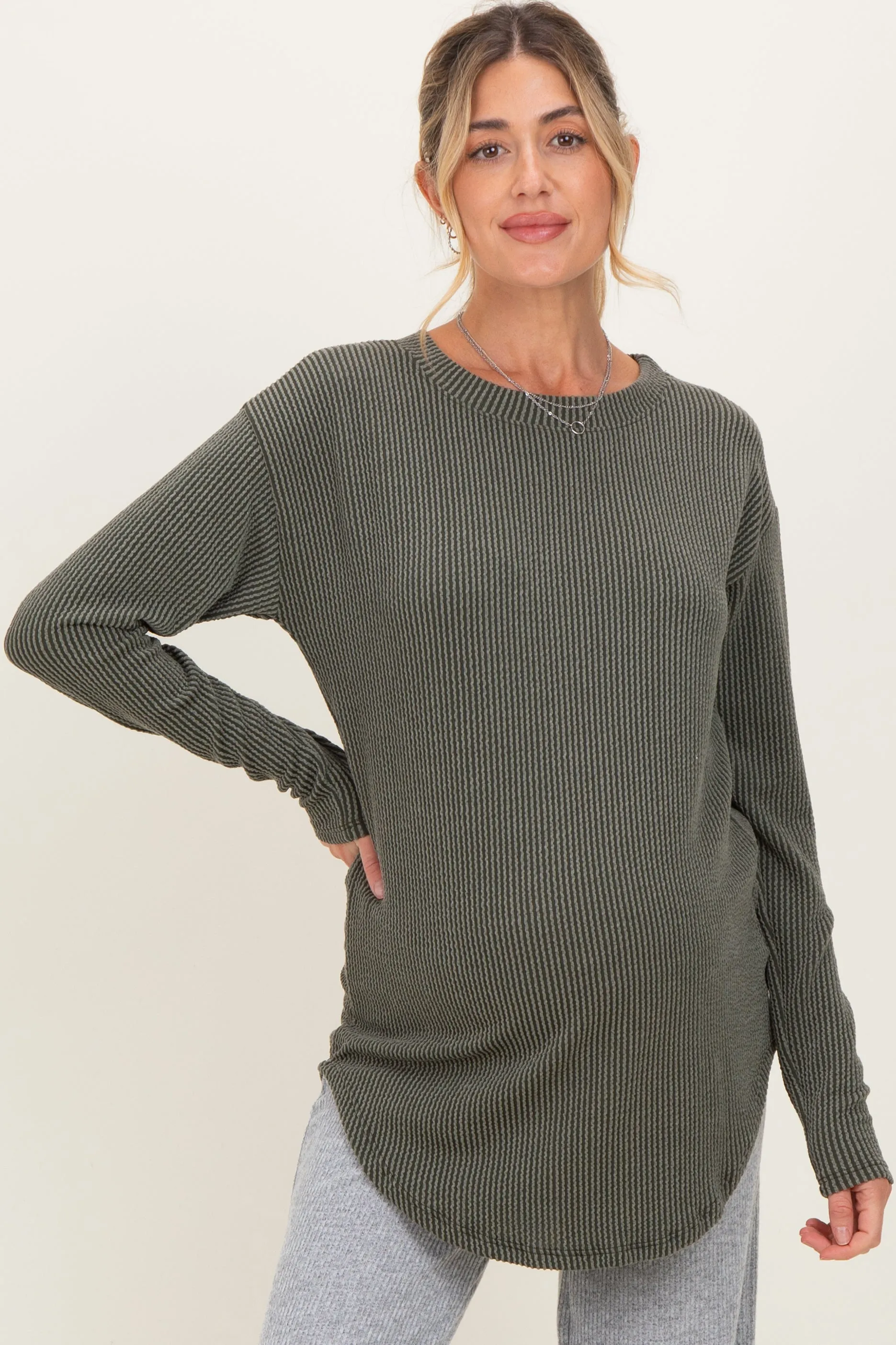 Olive Solid Ribbed Long Sleeve Maternity Tunic Top sold by Pinkblush product image thumbnail 2