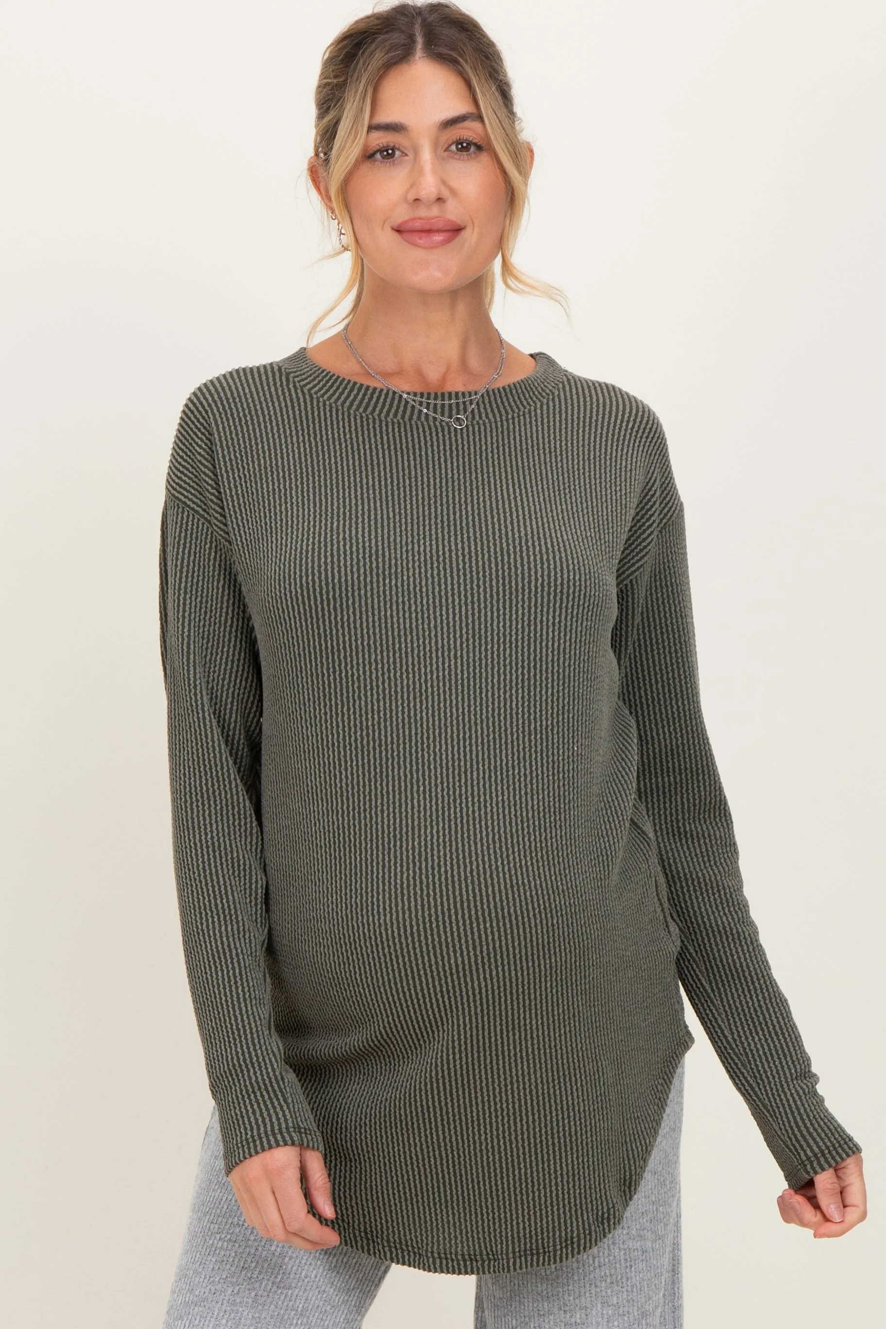 Olive Solid Ribbed Long Sleeve Maternity Tunic Top sold by Pinkblush