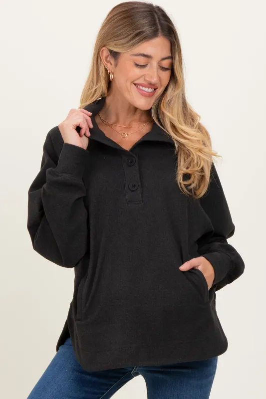 Black Brushed Knit Button Collar Maternity Pullover made by Rae Mode