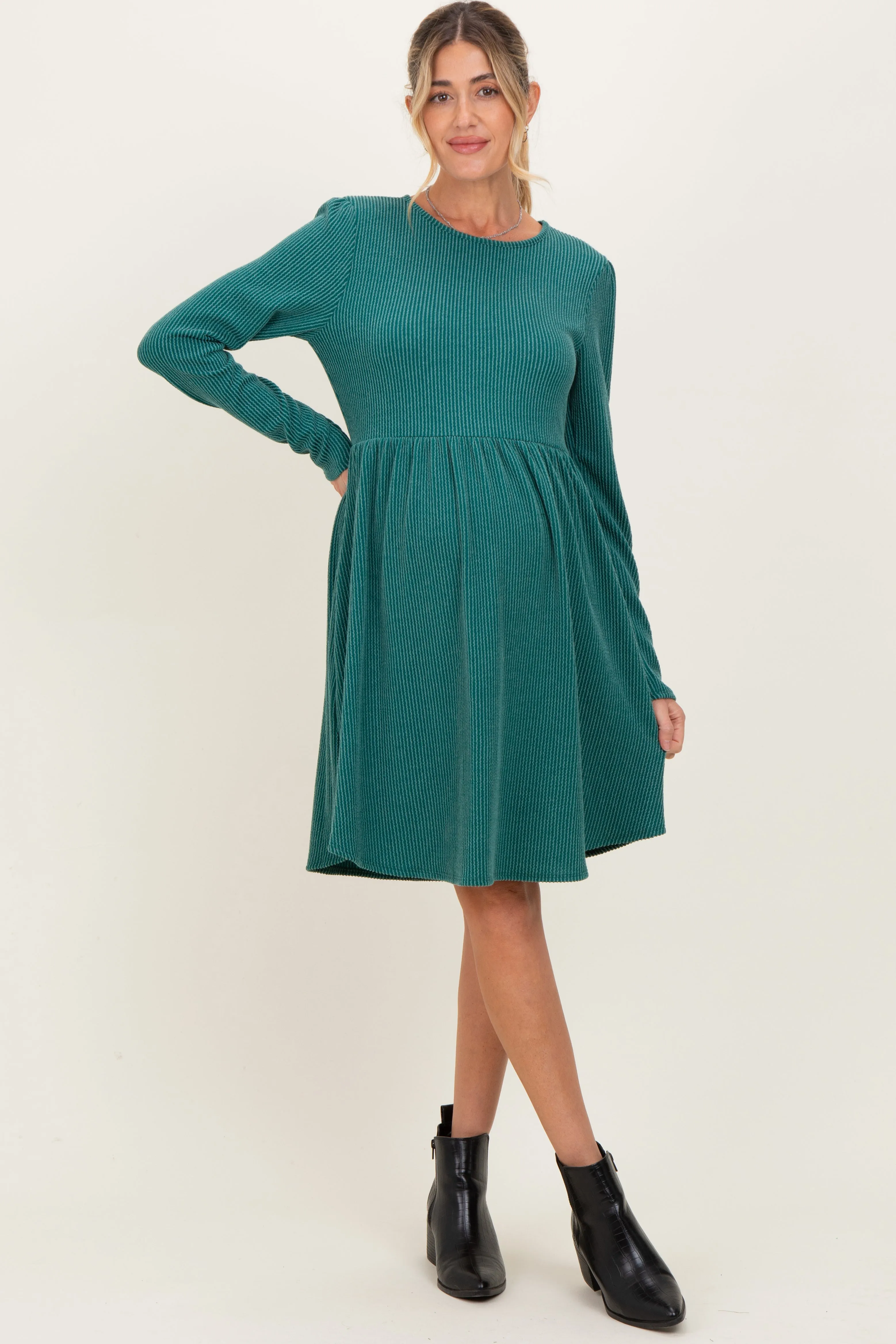 Forest Green Textured Rib Tiered Long Sleeve Maternity Dress sold by Pinkblush product image thumbnail 2