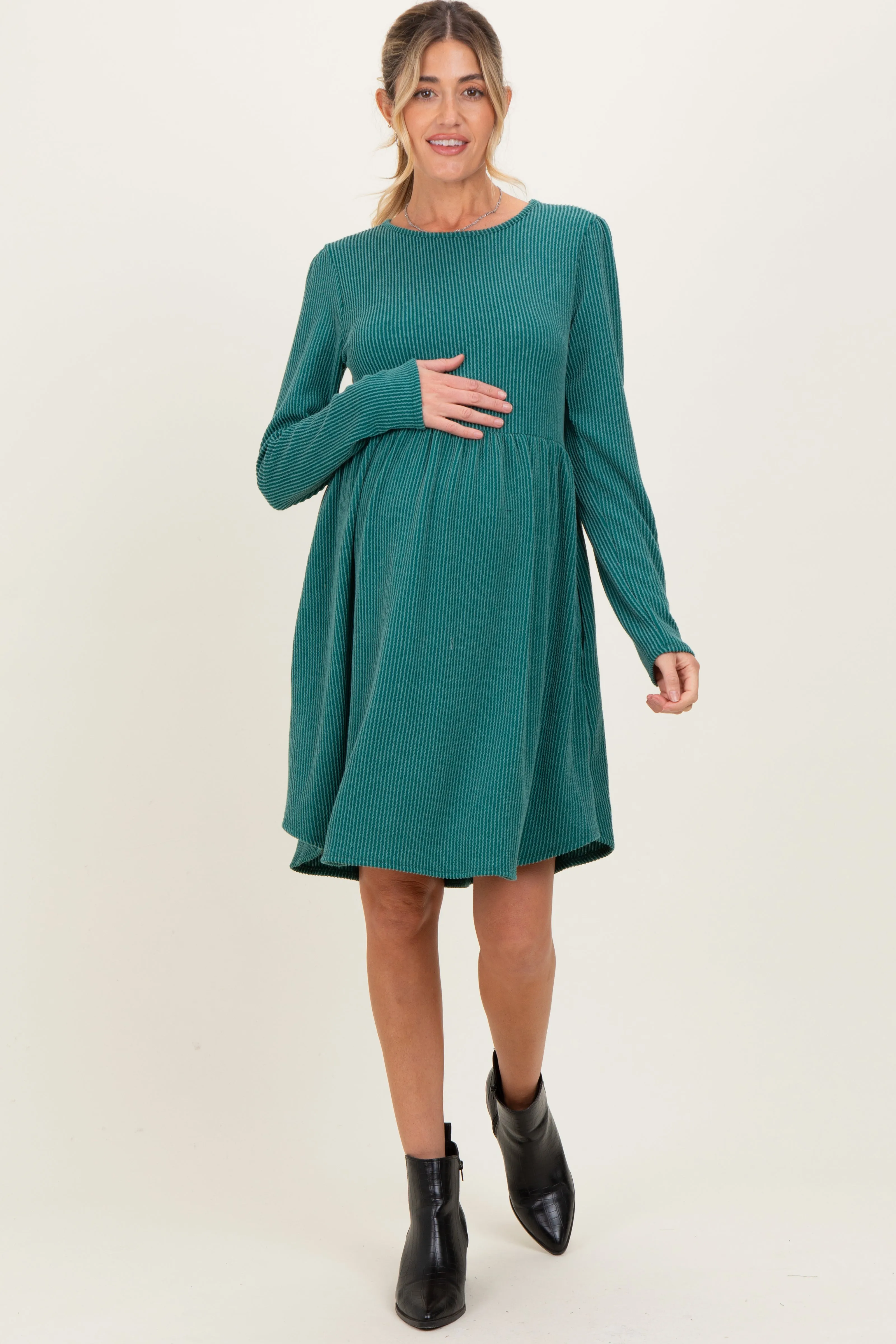 Forest Green Textured Rib Tiered Long Sleeve Maternity Dress sold by Pinkblush