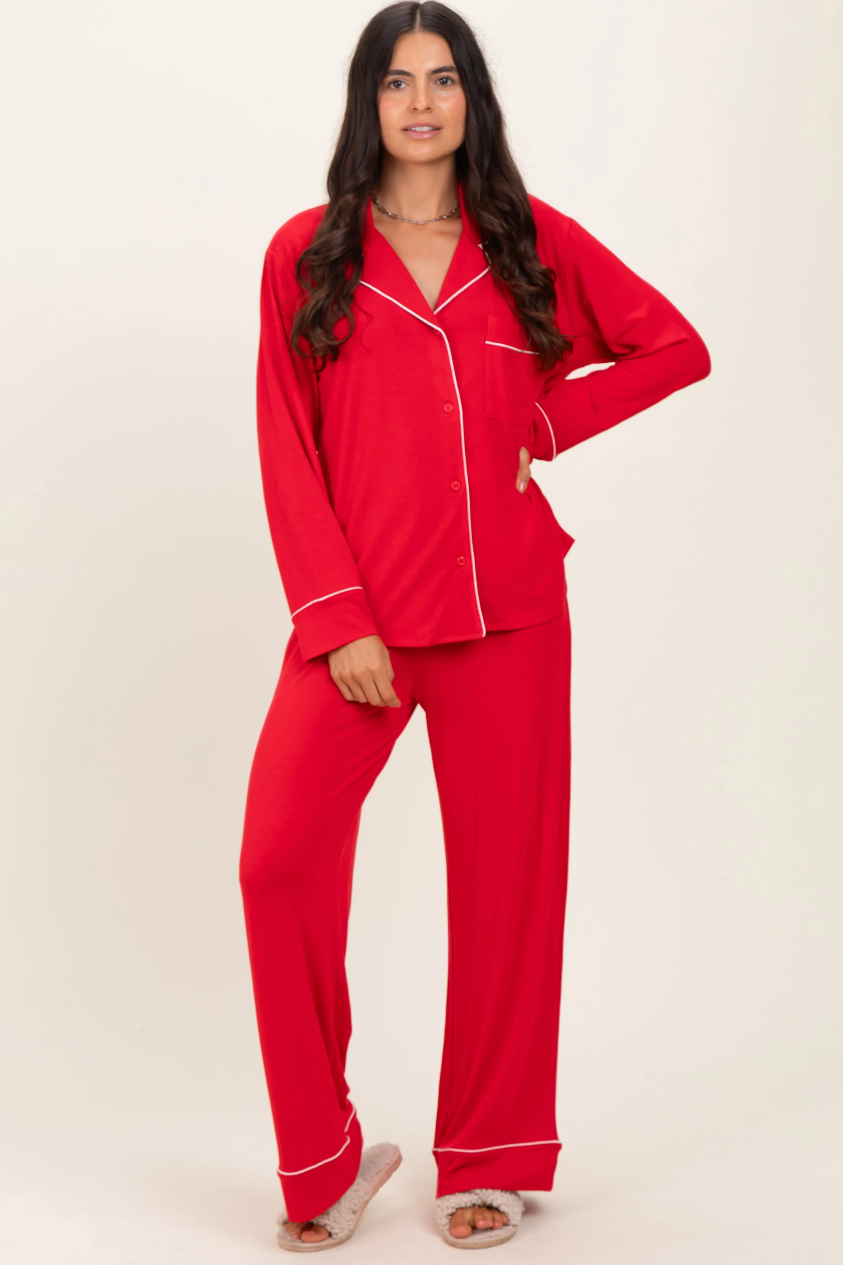 Red Button Down Top Wide Leg Pant Pajama Set sold by Pinkblush product image thumbnail 2
