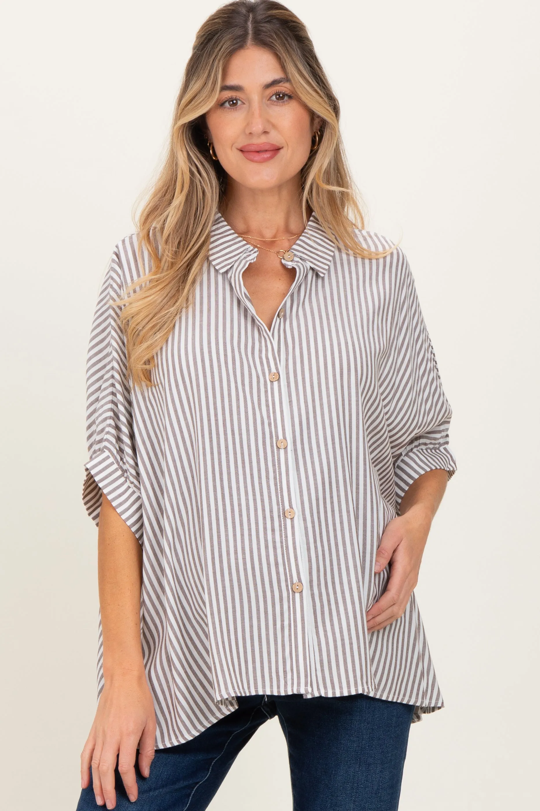 Brown Striped Button Up Dolman Maternity Top sold by Pinkblush