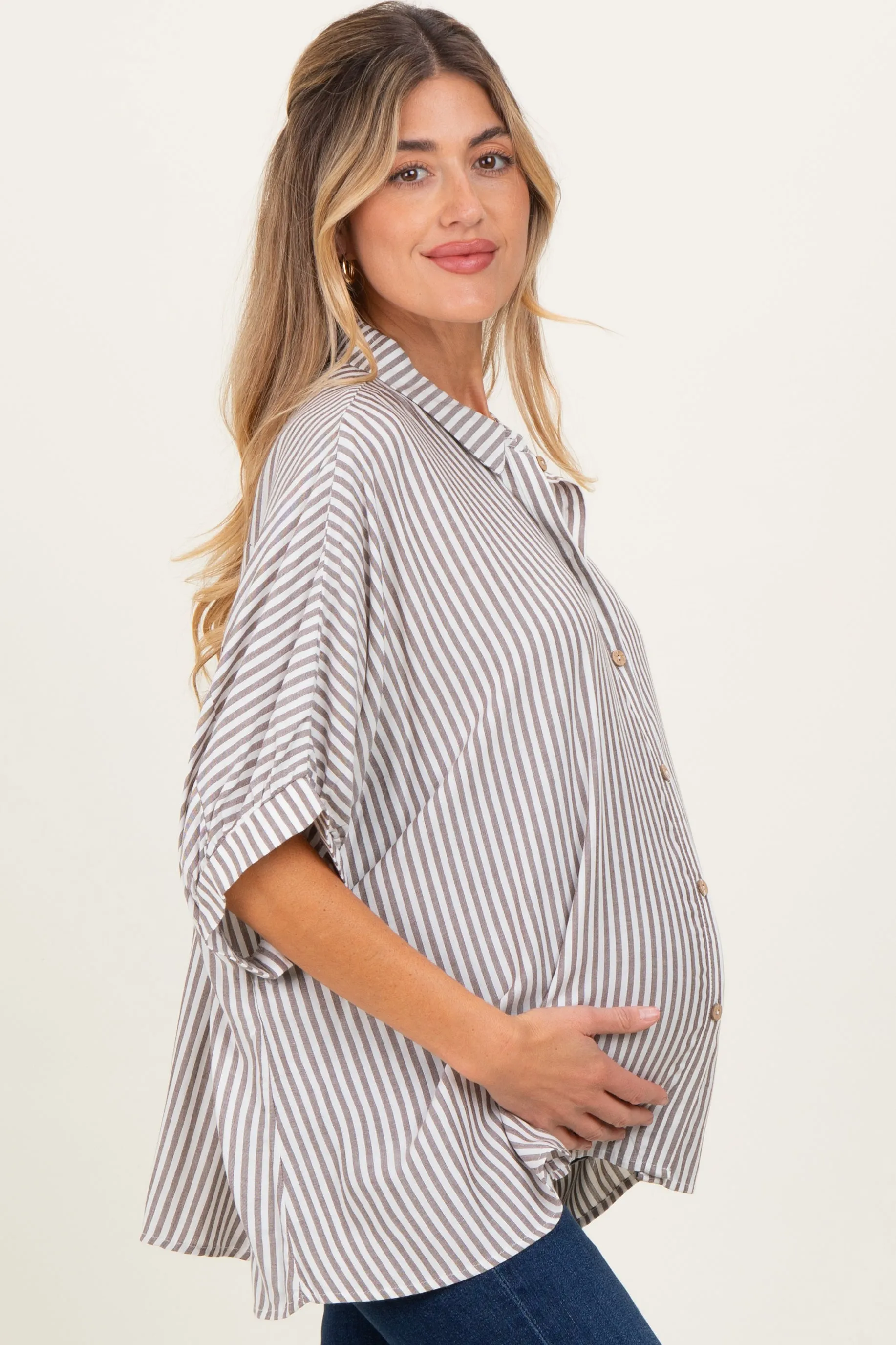 Brown Striped Button Up Dolman Maternity Top sold by Pinkblush product image thumbnail 2