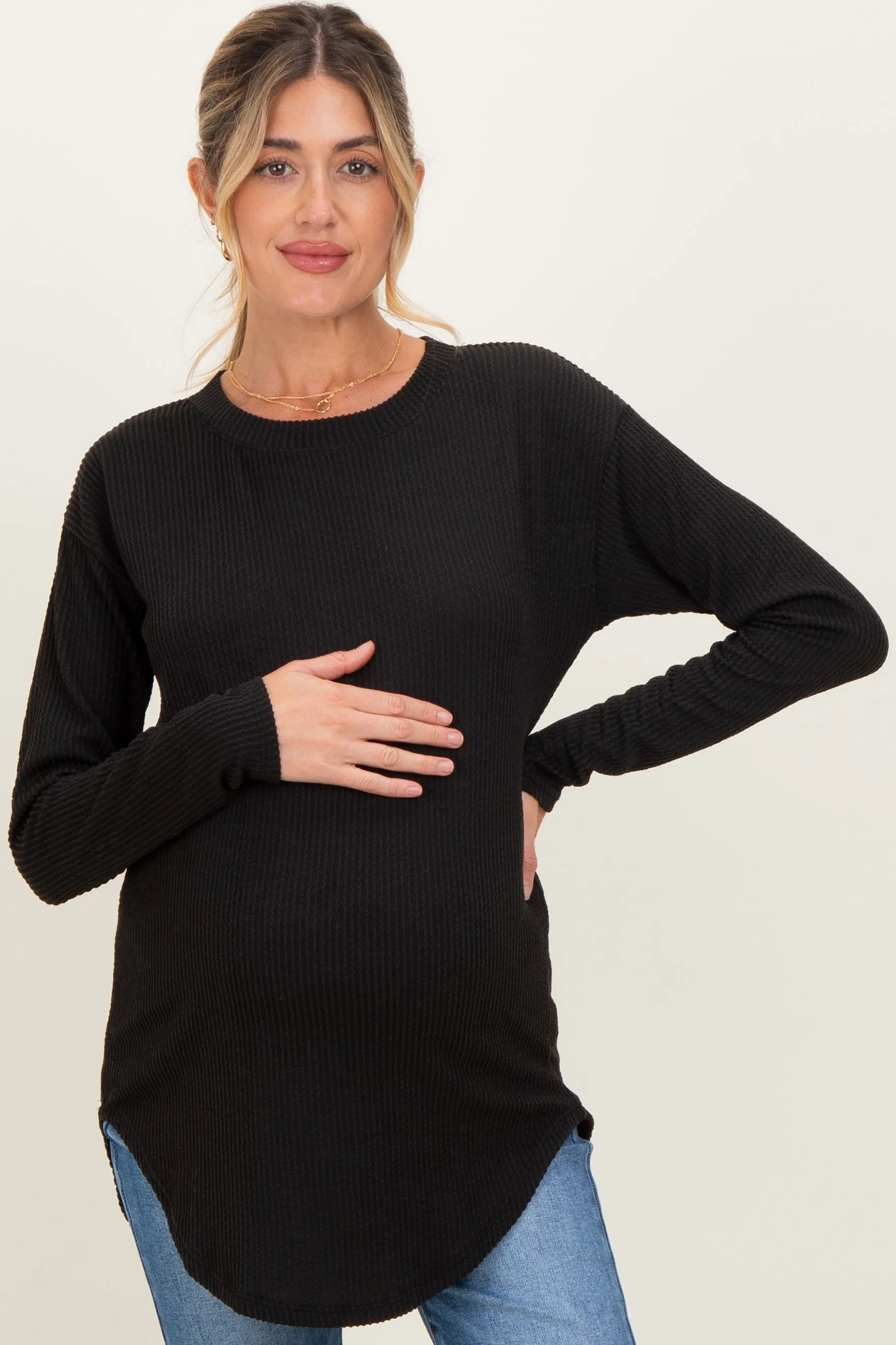 Black Solid Ribbed Long Sleeve Maternity Tunic Top sold by Pinkblush