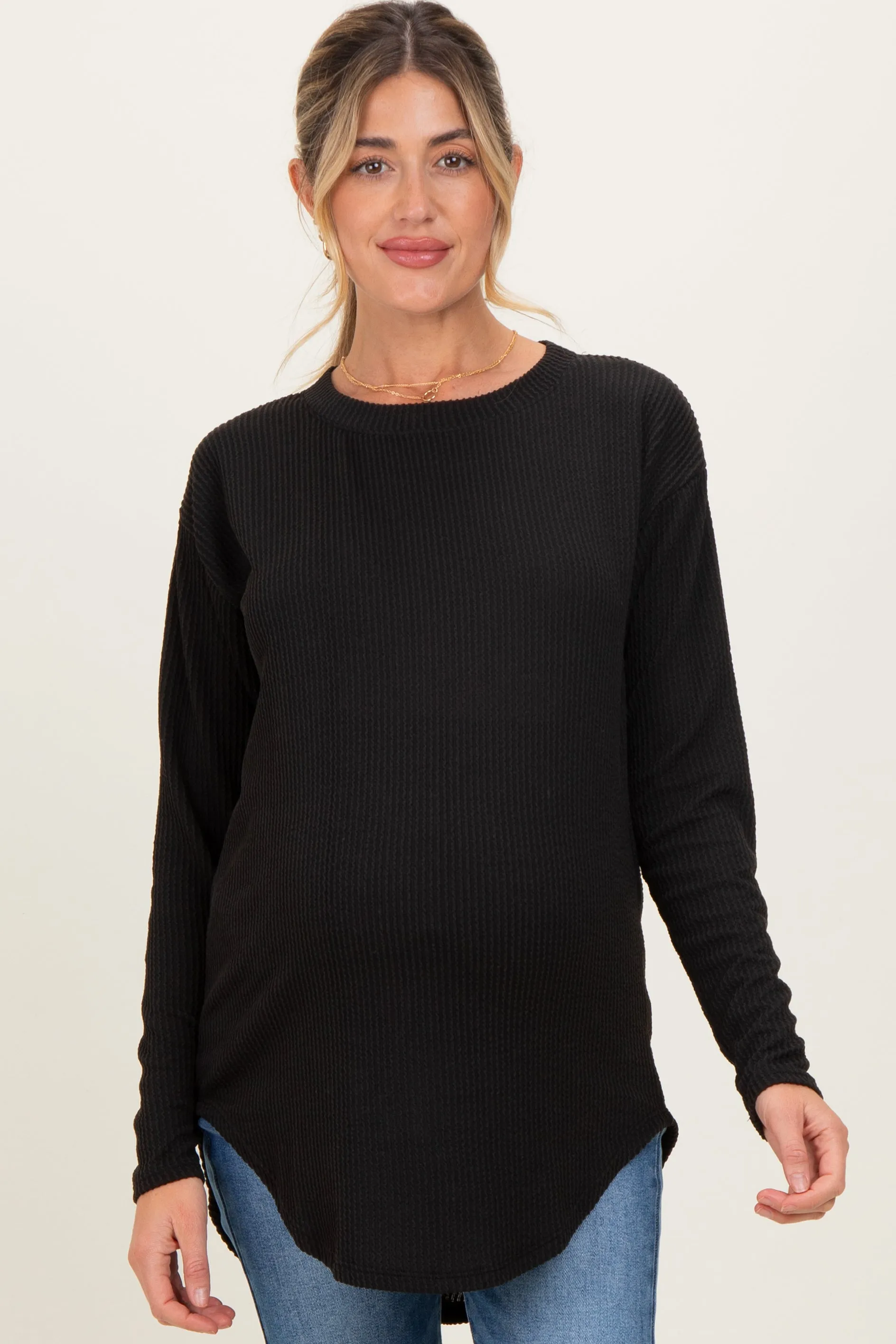 Black Solid Ribbed Long Sleeve Maternity Tunic Top sold by Pinkblush product image thumbnail 2