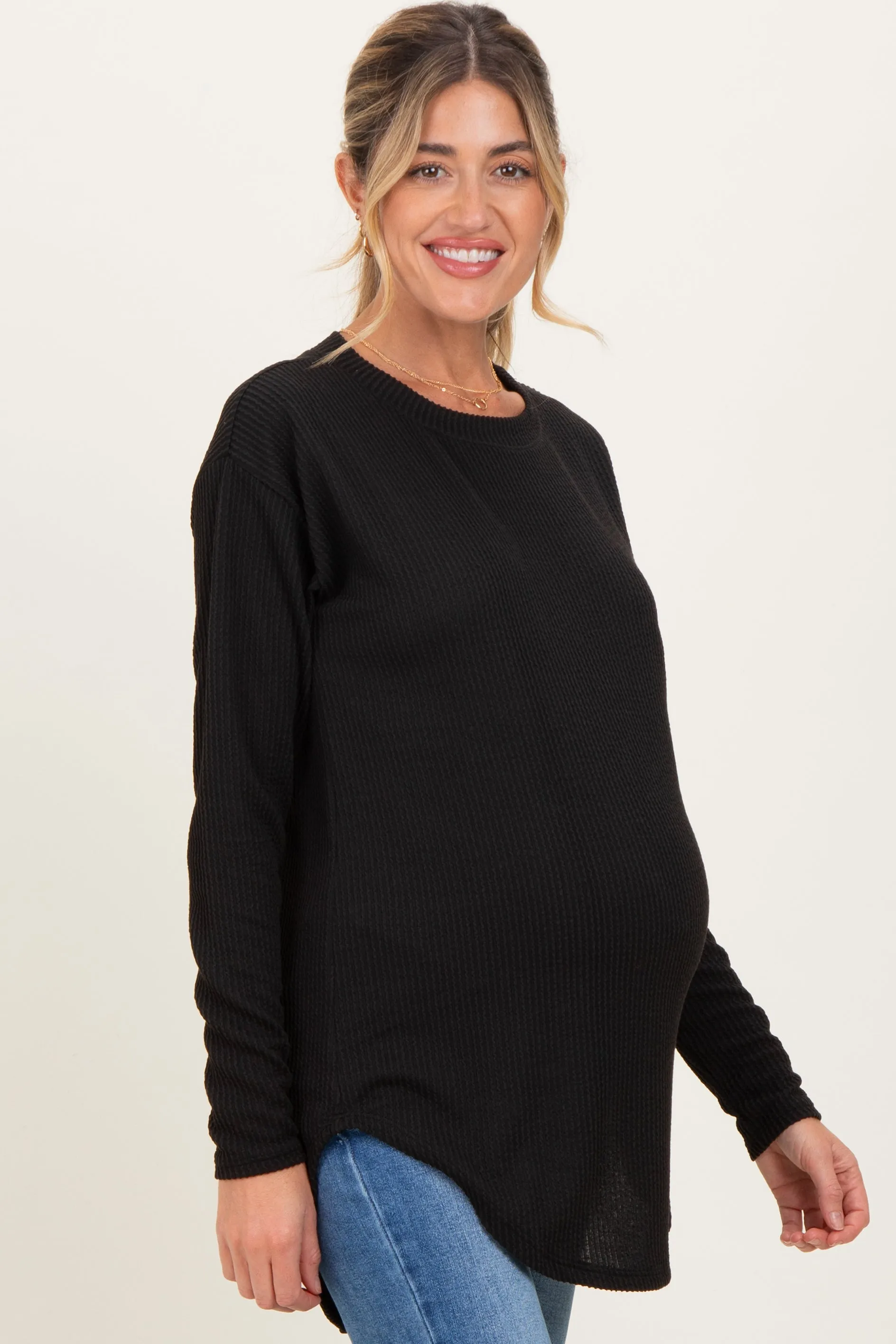 Black Solid Ribbed Long Sleeve Maternity Tunic Top sold by Pinkblush product image thumbnail 3