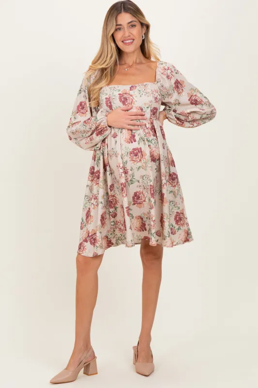 Cream Rose Floral Long Sleeve Maternity Dress sold by Pinkblush