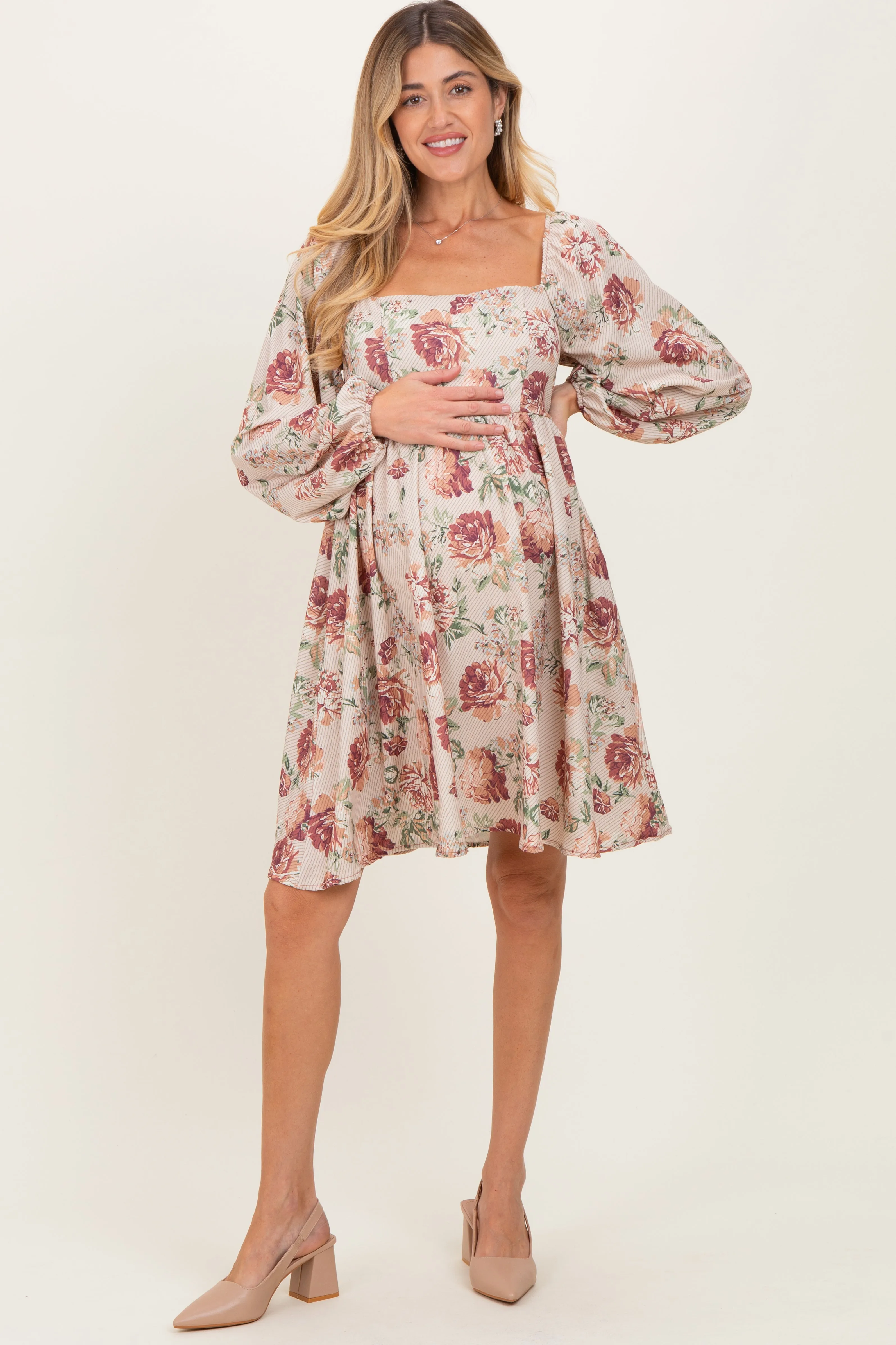 Cream Rose Floral Long Sleeve Maternity Dress sold by Pinkblush
