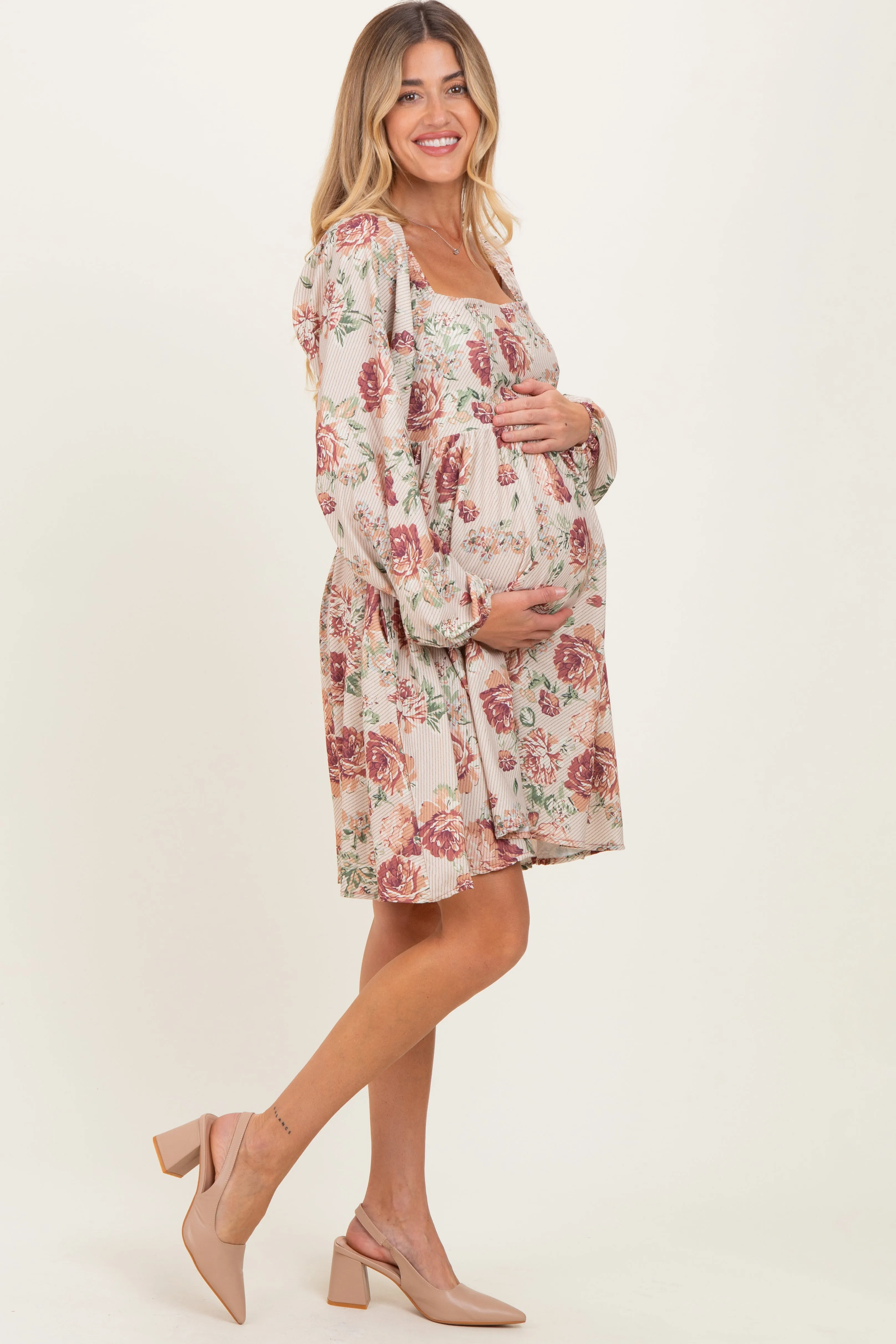 Cream Rose Floral Long Sleeve Maternity Dress sold by Pinkblush product image thumbnail 2