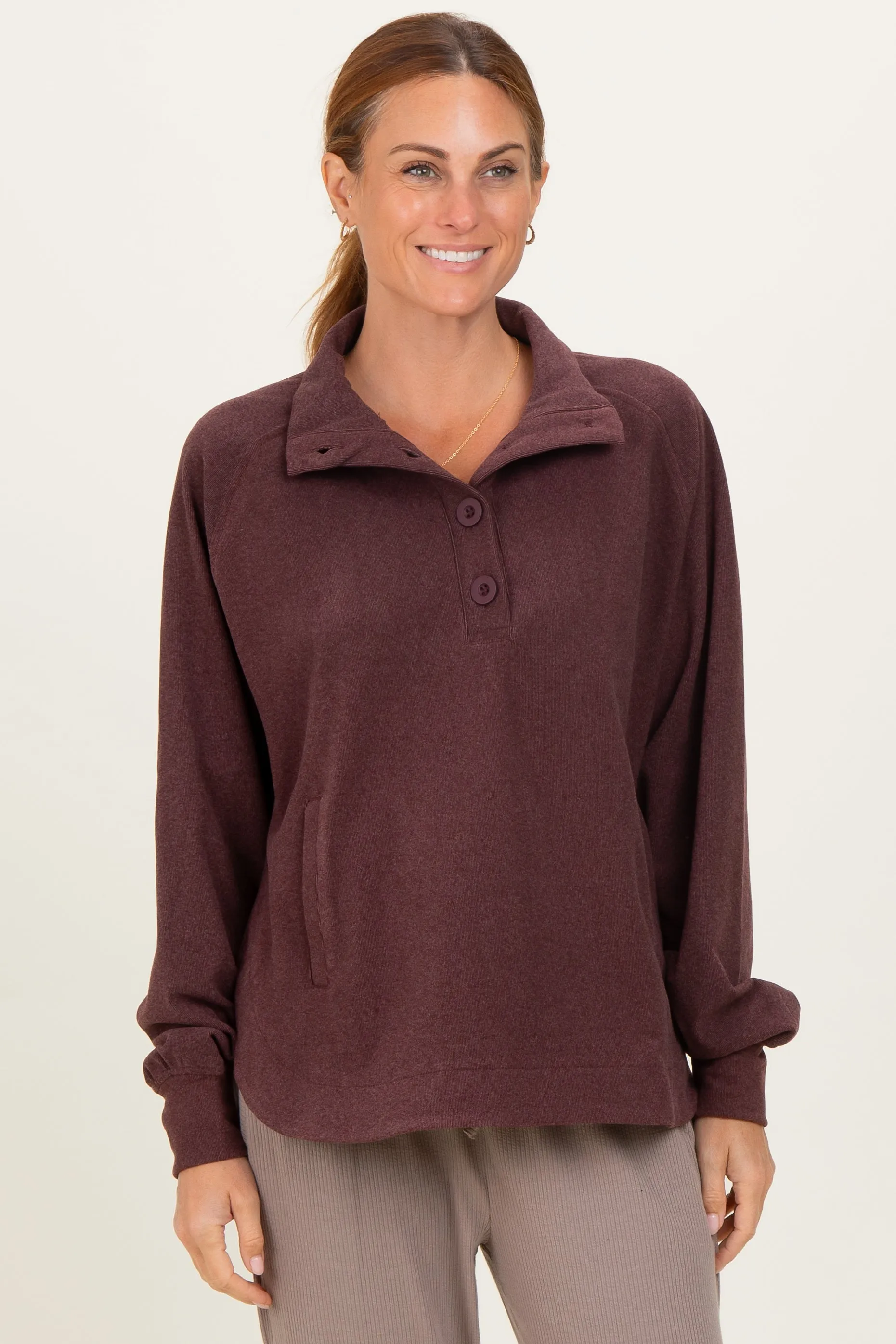 Burgundy Brushed Knit Button Collar Maternity Pullover sold by Pinkblush product image thumbnail 5