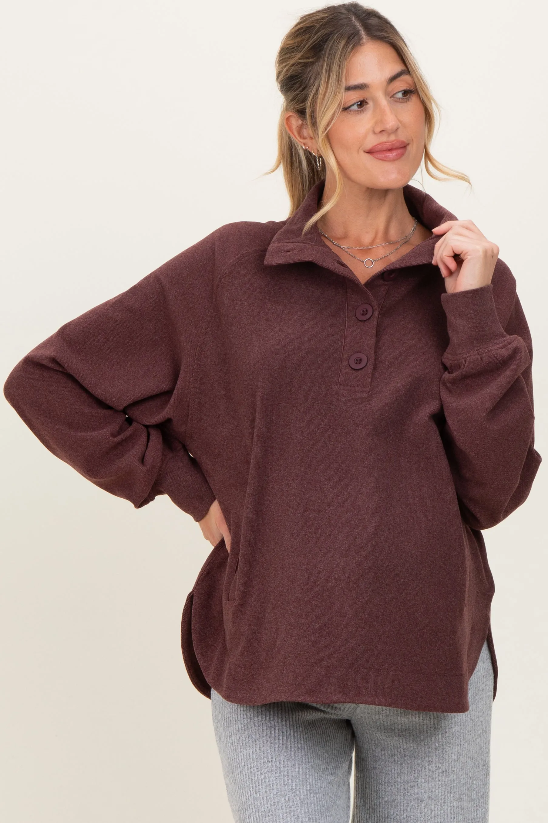 Burgundy Brushed Knit Button Collar Maternity Pullover sold by Pinkblush product image thumbnail 2