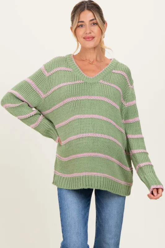 Light Olive Pink Striped Boxy Maternity Sweater sold by Pinkblush