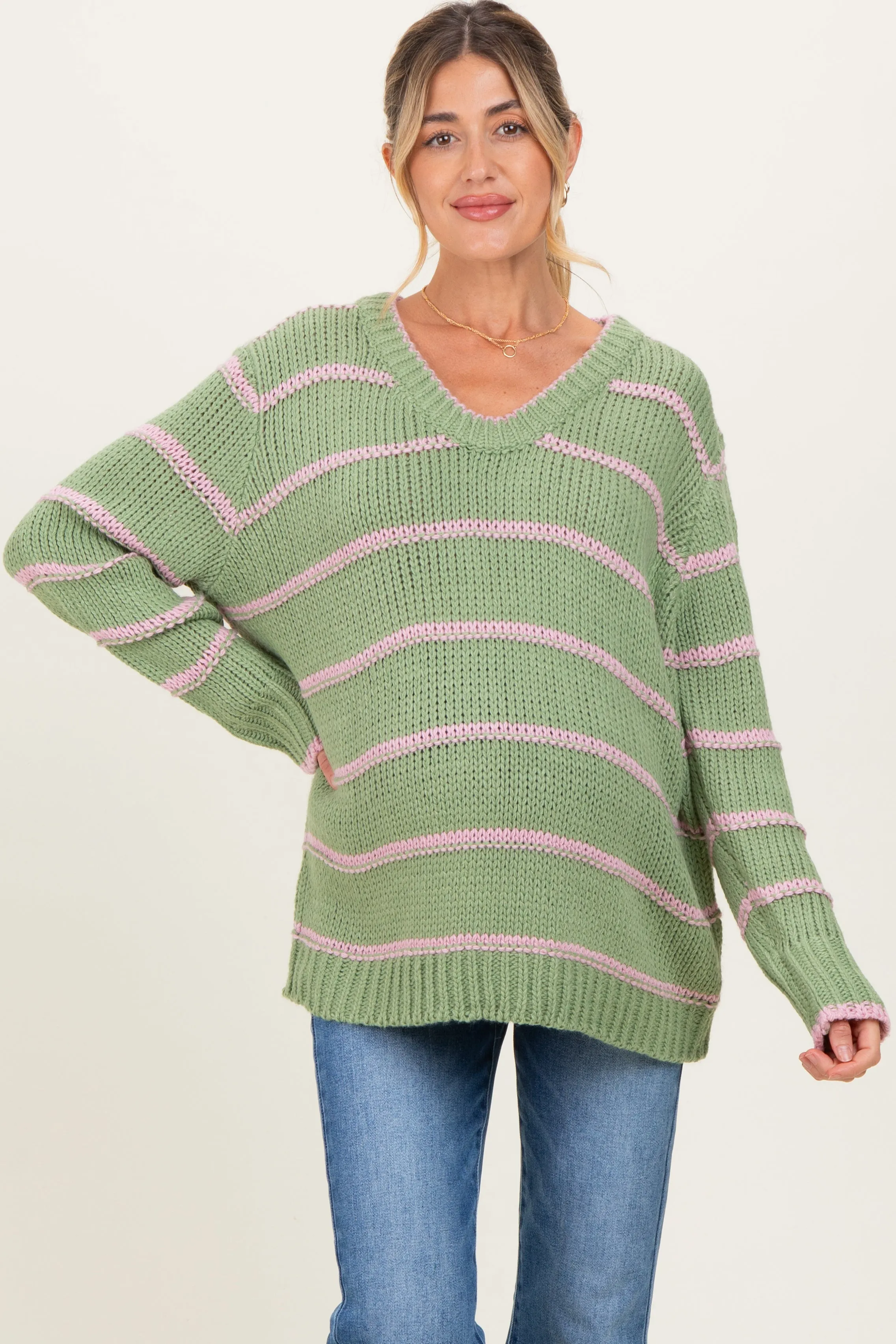Light Olive Pink Striped Boxy Maternity Sweater sold by Pinkblush