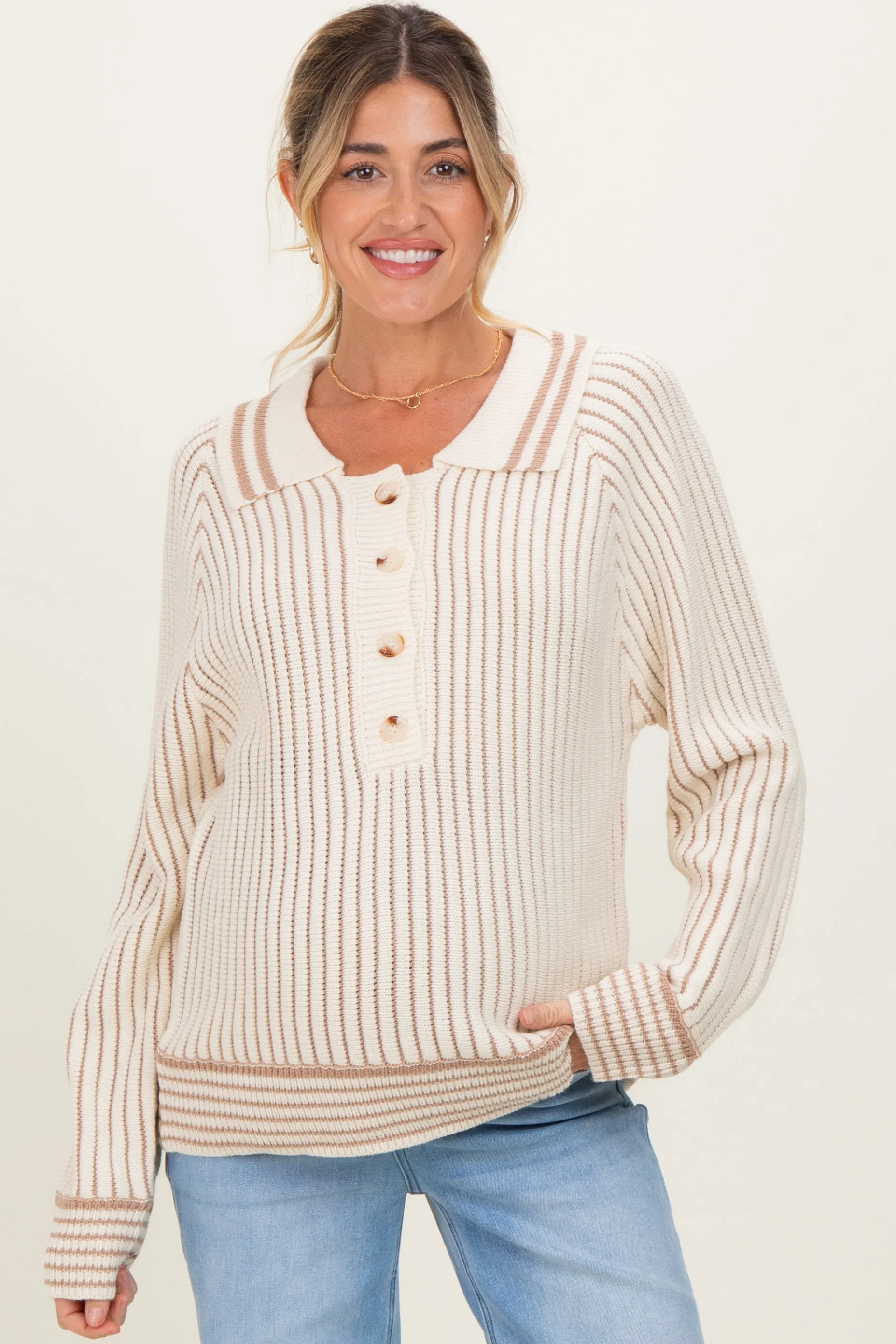 Cream Chunky Rib Striped Detail Polo Maternity Sweater sold by Pinkblush