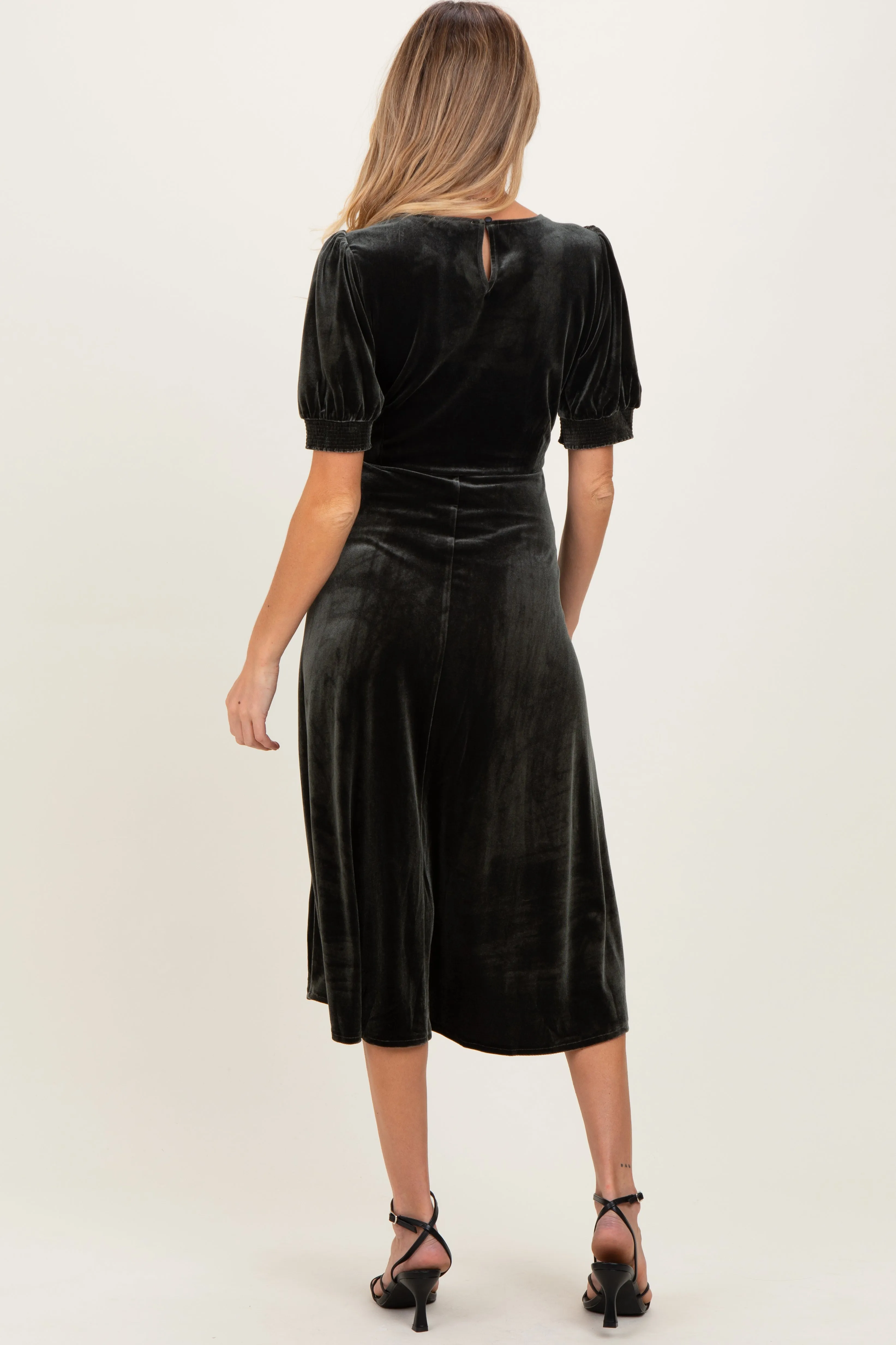 Olive Velvet Short Sleeve Maternity Midi Dress sold by Pinkblush product image thumbnail 3