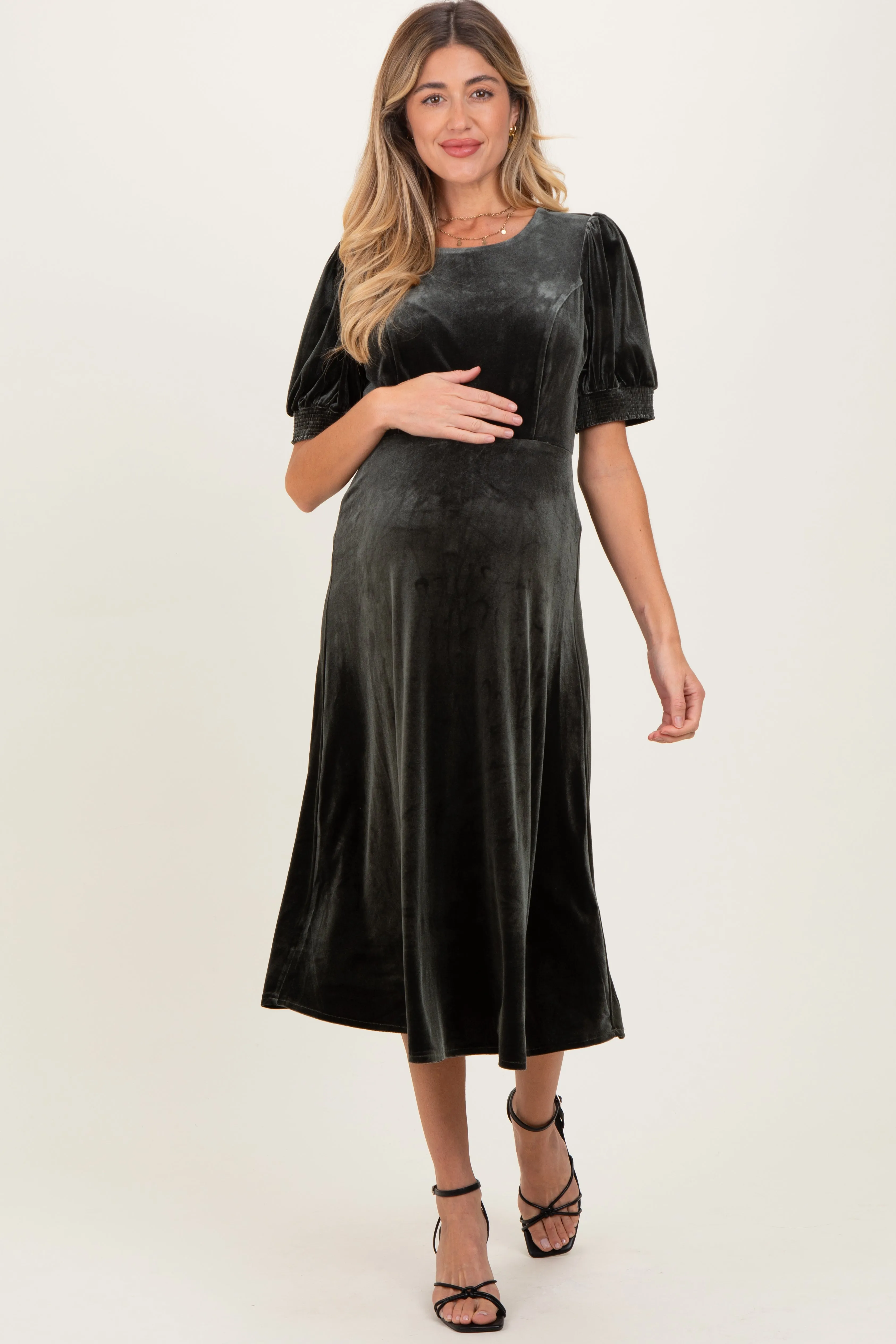 Olive Velvet Short Sleeve Maternity Midi Dress sold by Pinkblush