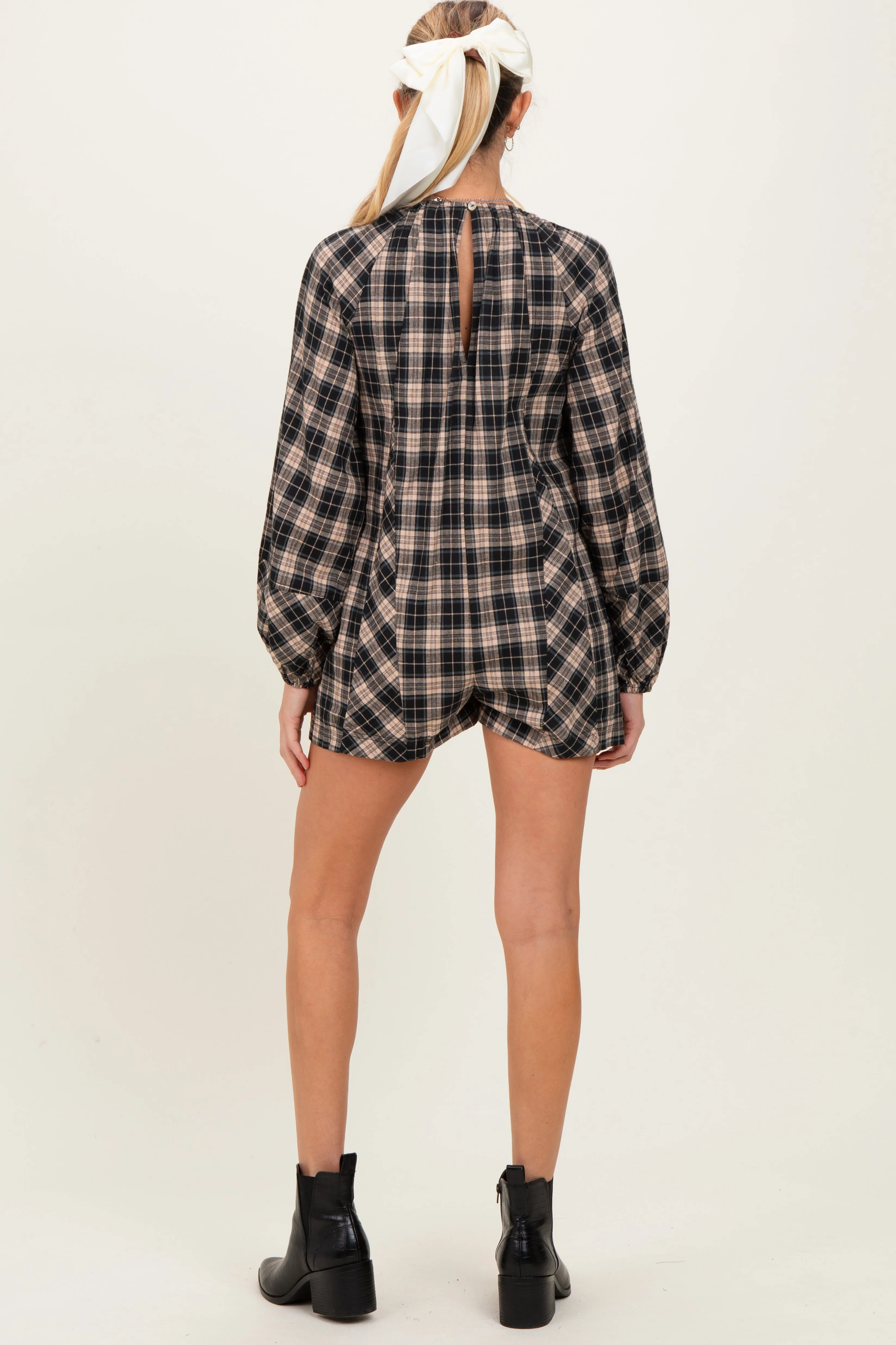 Black Beige Plaid Maternity Romper sold by Pinkblush product image thumbnail 3