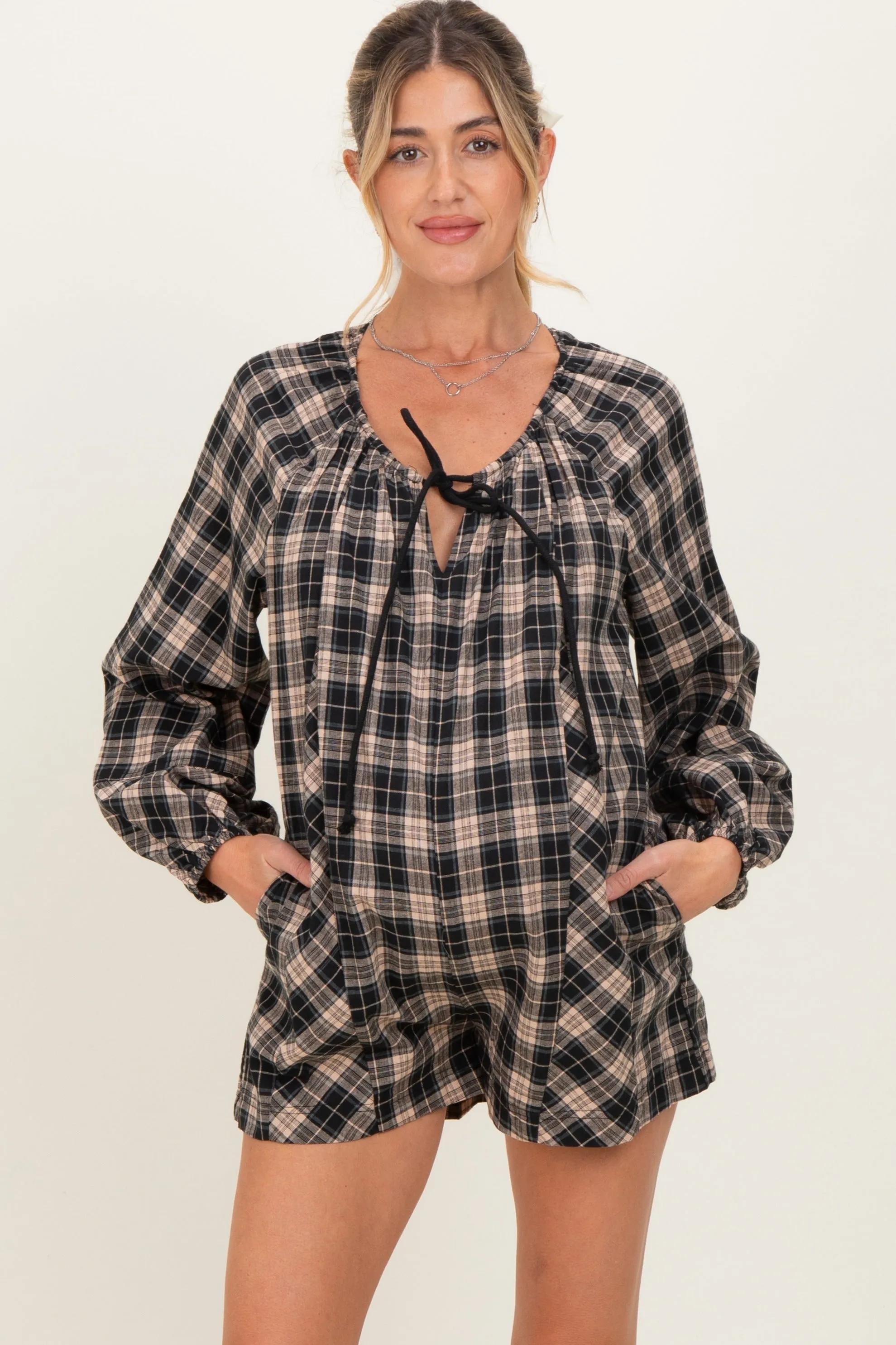 Black Beige Plaid Maternity Romper sold by Pinkblush