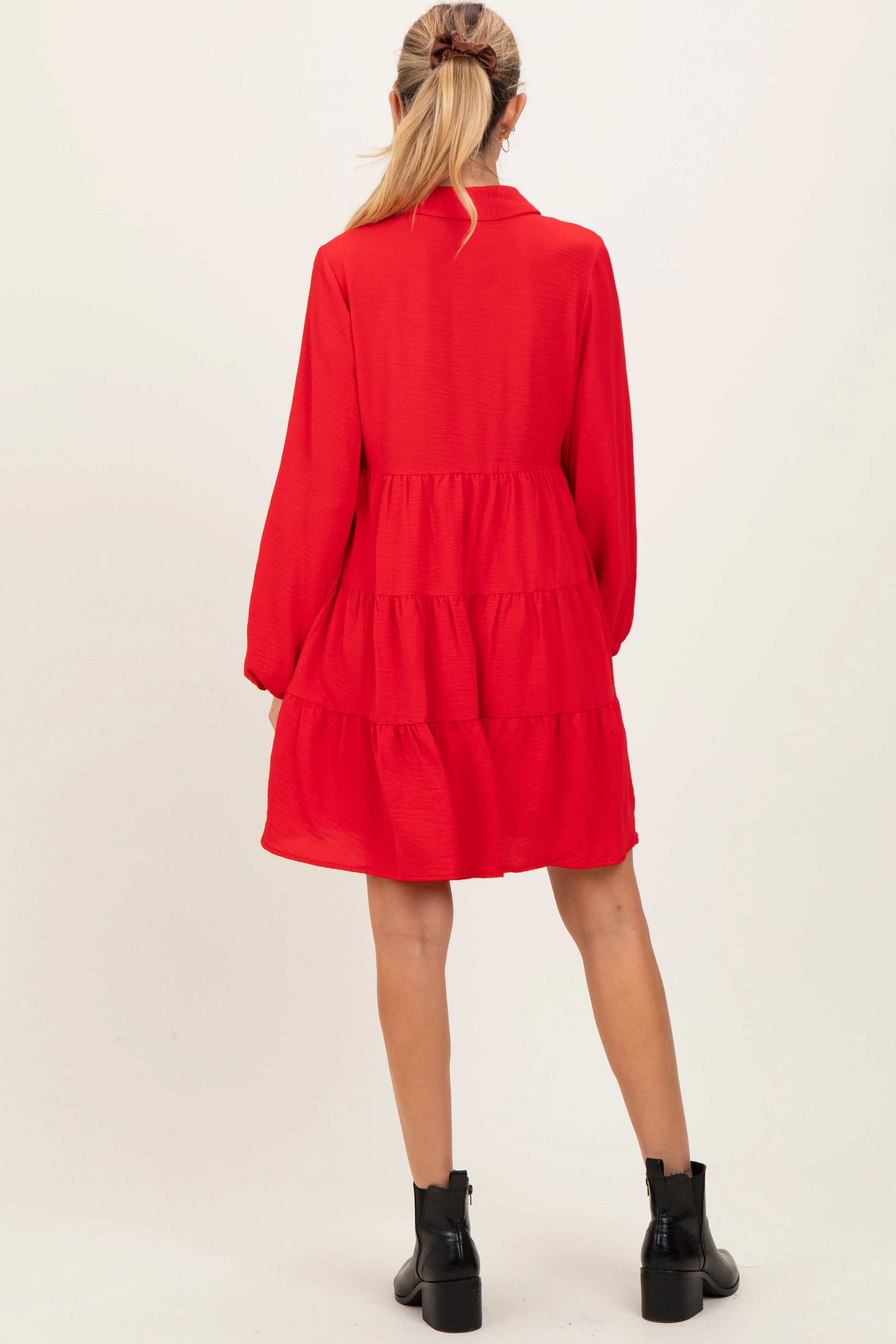 Red Tiered Back Detail Button Down Maternity Dress sold by Pinkblush product image thumbnail 3