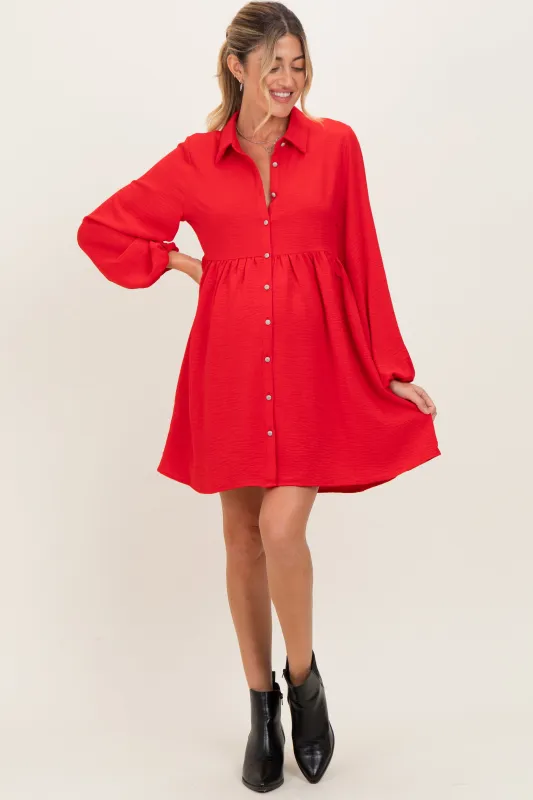 Red Tiered Back Detail Button Down Maternity Dress sold by Pinkblush