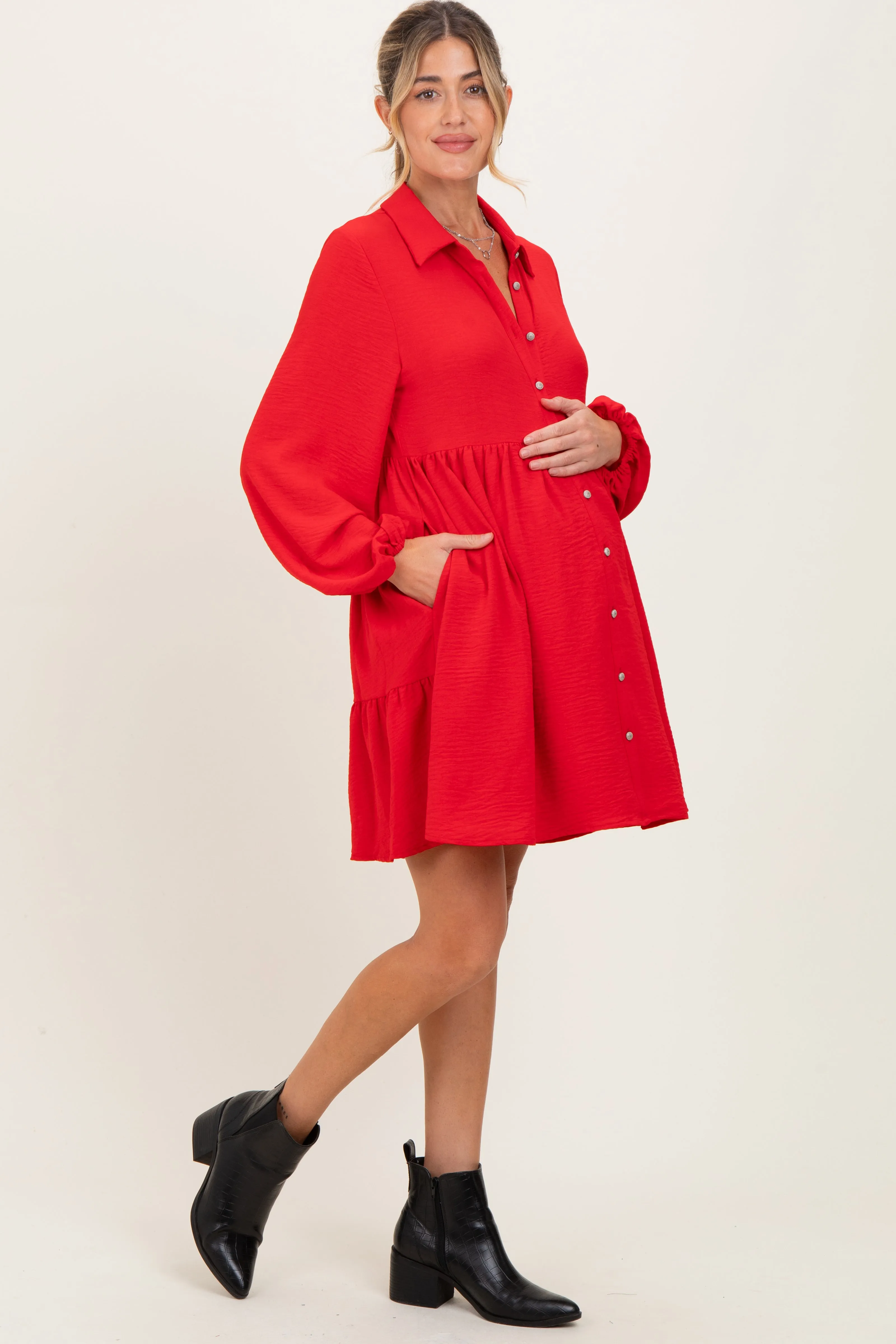 Red Tiered Back Detail Button Down Maternity Dress sold by Pinkblush product image thumbnail 2