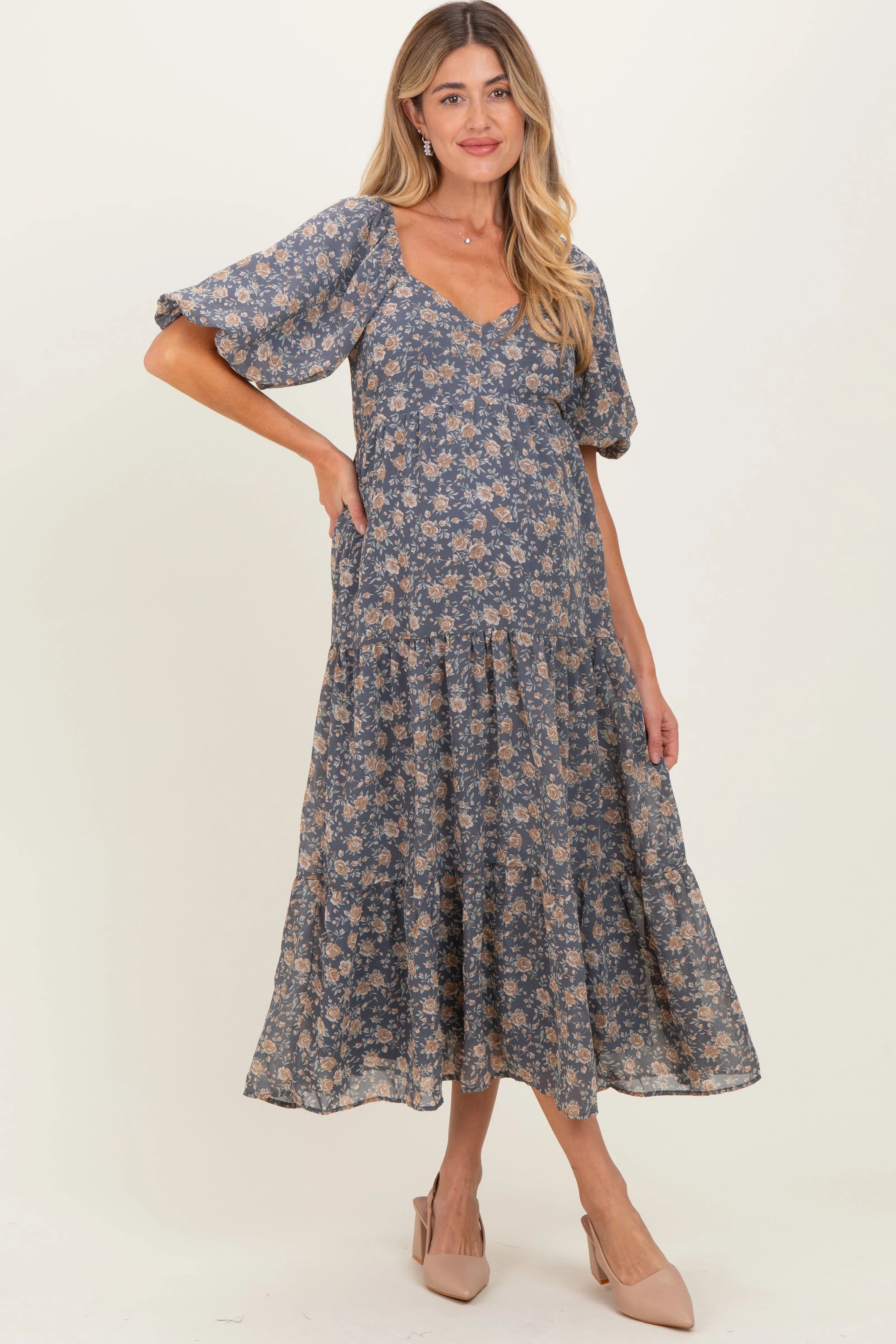 Blue Floral Sweetheart Neckline Puff Sleeve Maternity Maxi Dress sold by Pinkblush product image thumbnail 2