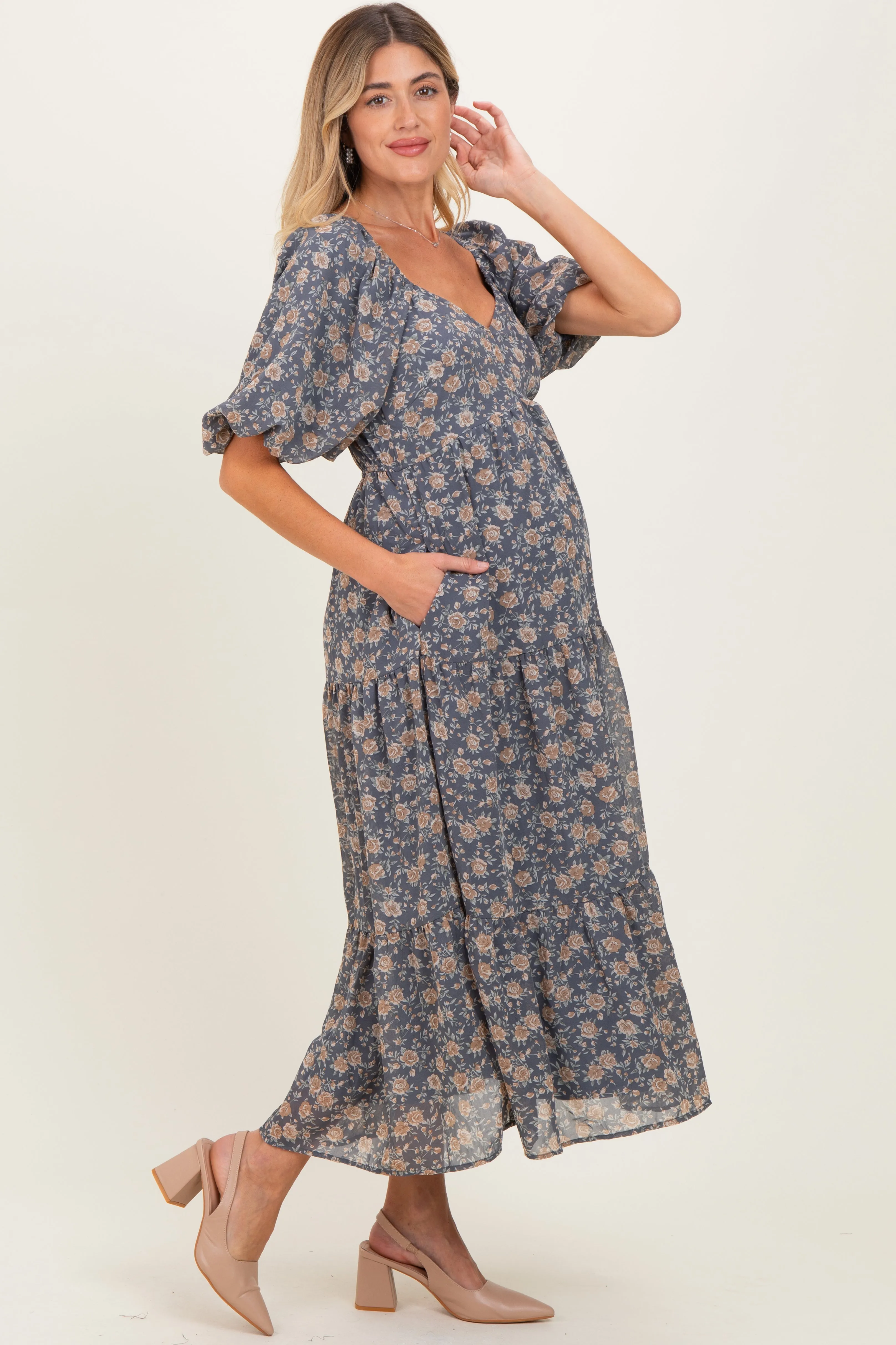Blue Floral Sweetheart Neckline Puff Sleeve Maternity Maxi Dress sold by Pinkblush product image thumbnail 3