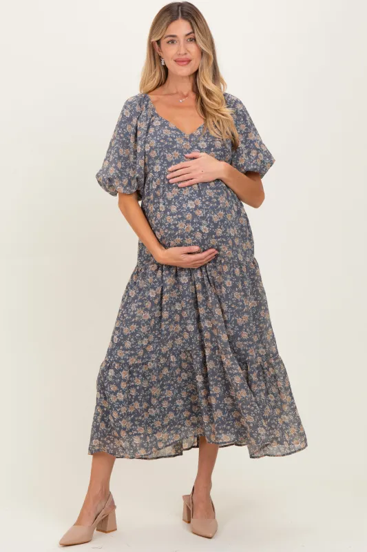 Blue Floral Sweetheart Neckline Puff Sleeve Maternity Maxi Dress sold by Pinkblush