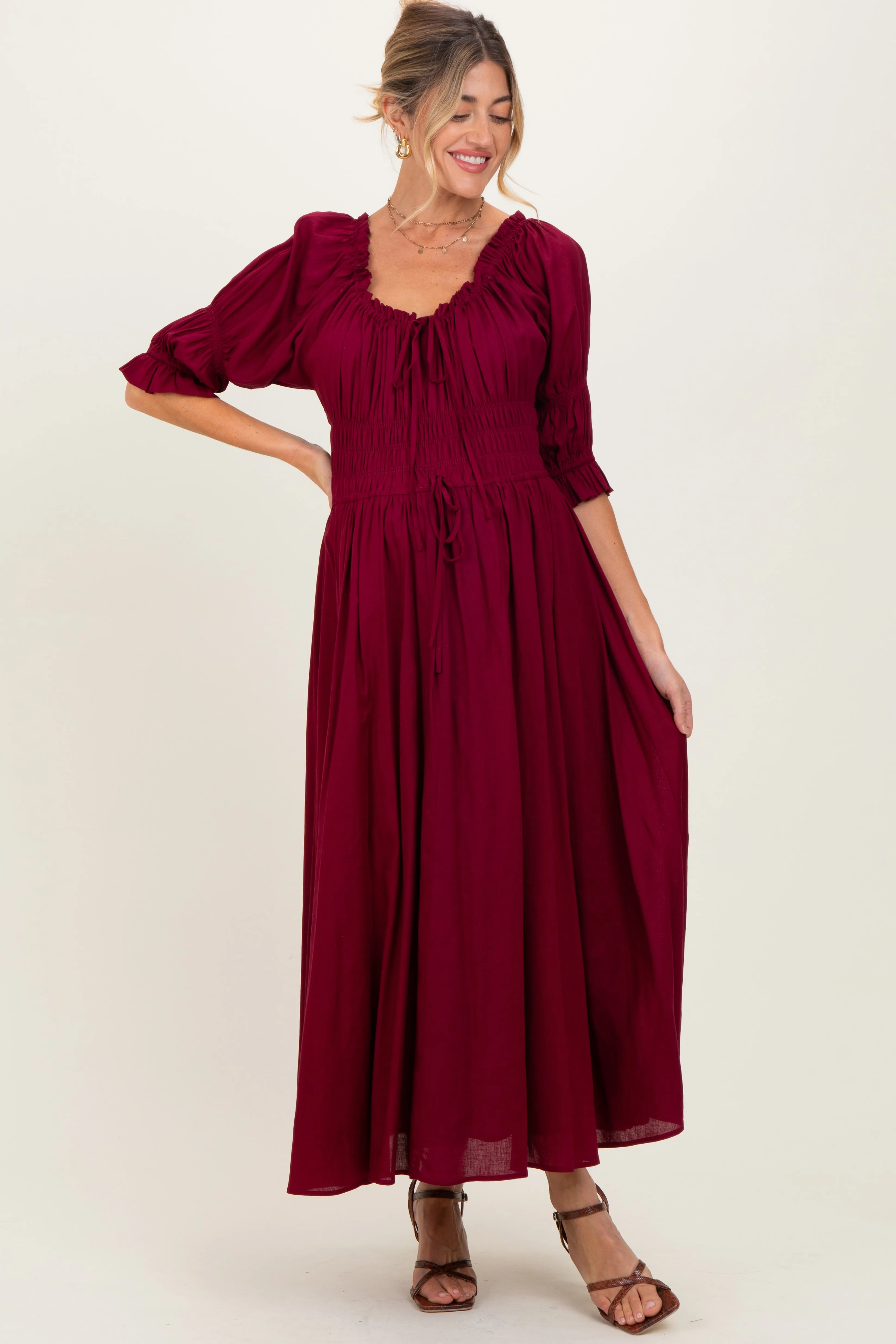 Burgundy Smocked Ruffle Square Neck Maternity Midi Dress sold by Pinkblush product image thumbnail 2