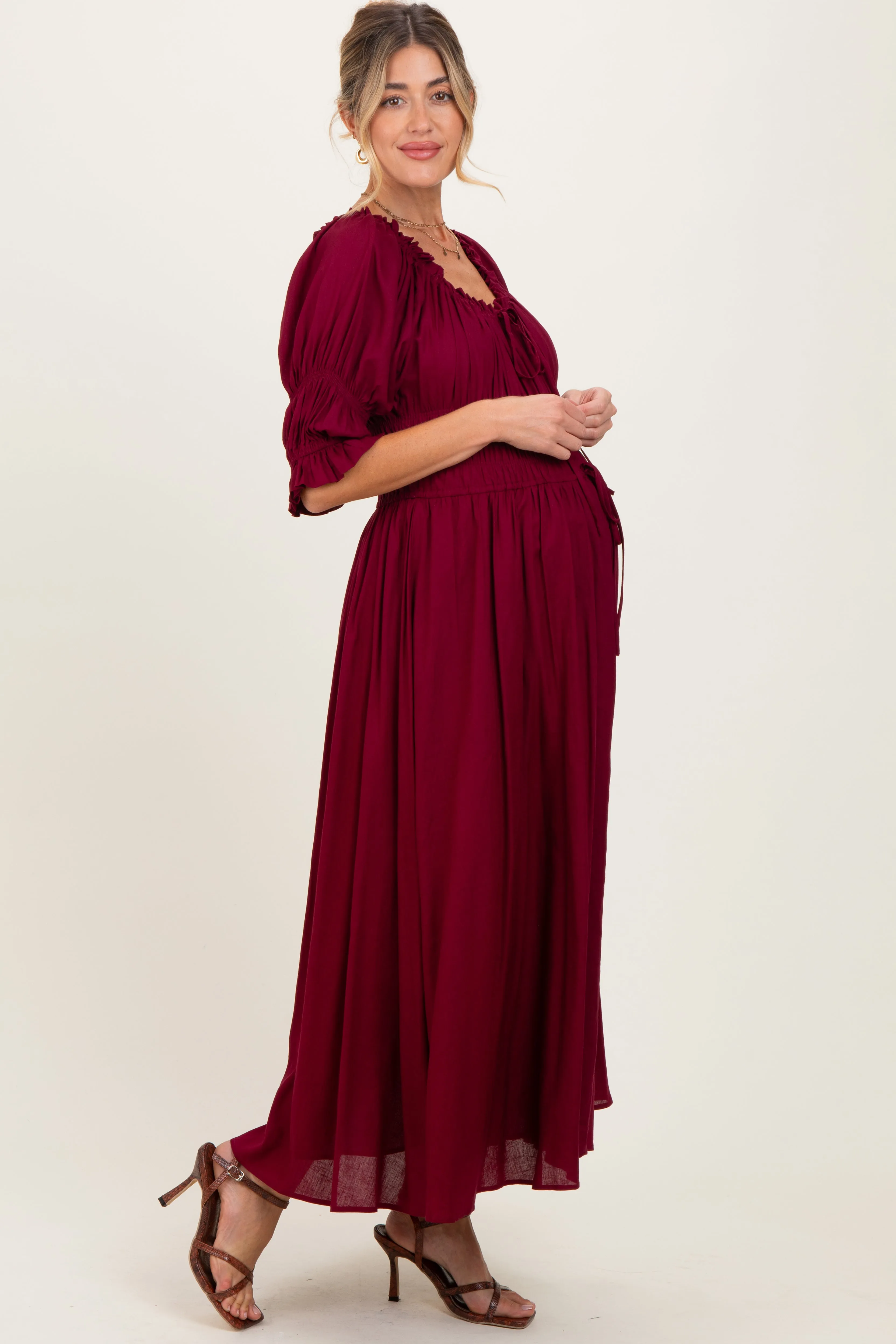 Burgundy Smocked Ruffle Square Neck Maternity Midi Dress sold by Pinkblush product image thumbnail 3