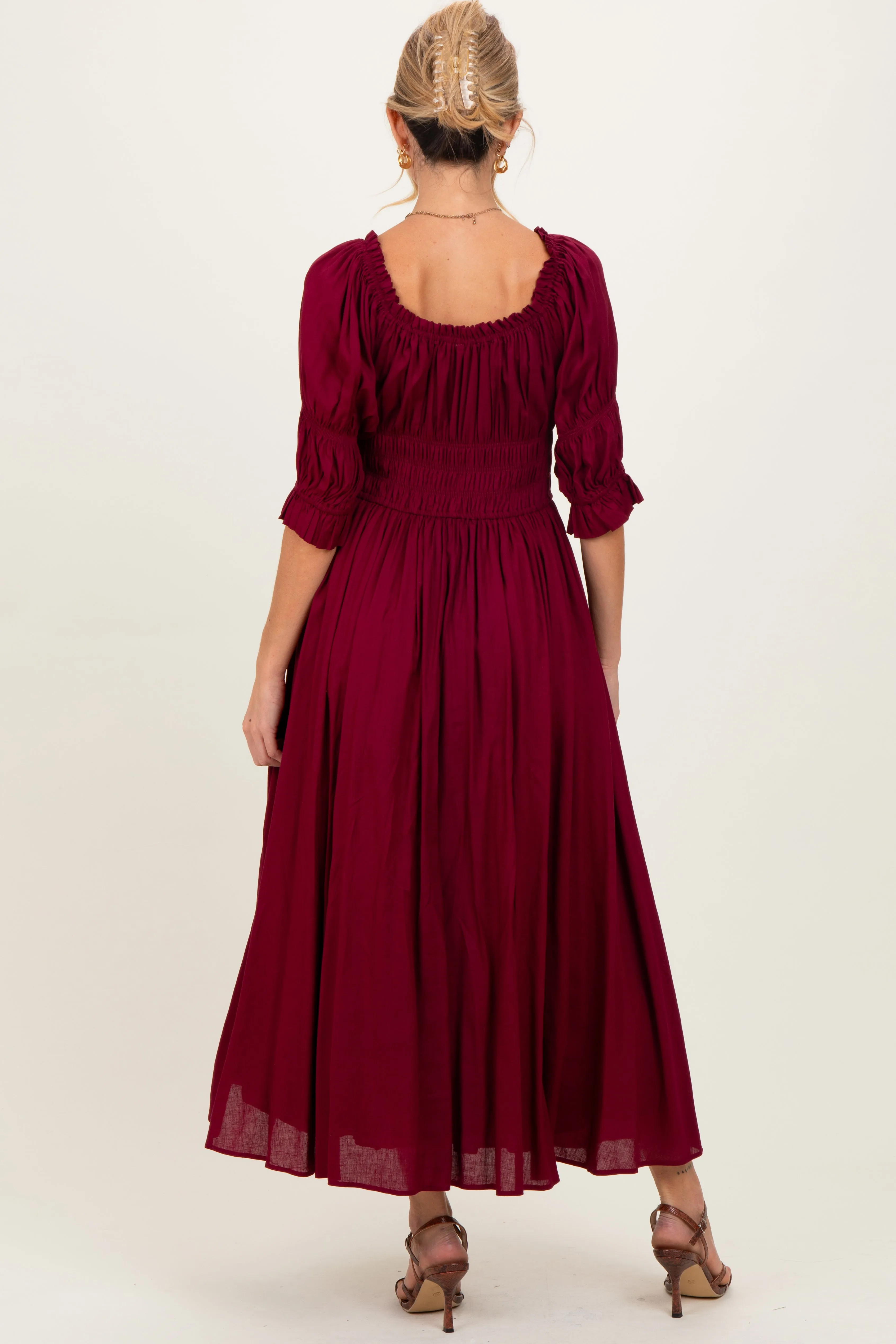 Burgundy Smocked Ruffle Square Neck Maternity Midi Dress sold by Pinkblush product image thumbnail 4