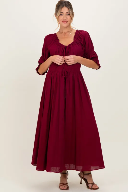 Burgundy Smocked Ruffle Square Neck Maternity Midi Dress sold by Pinkblush
