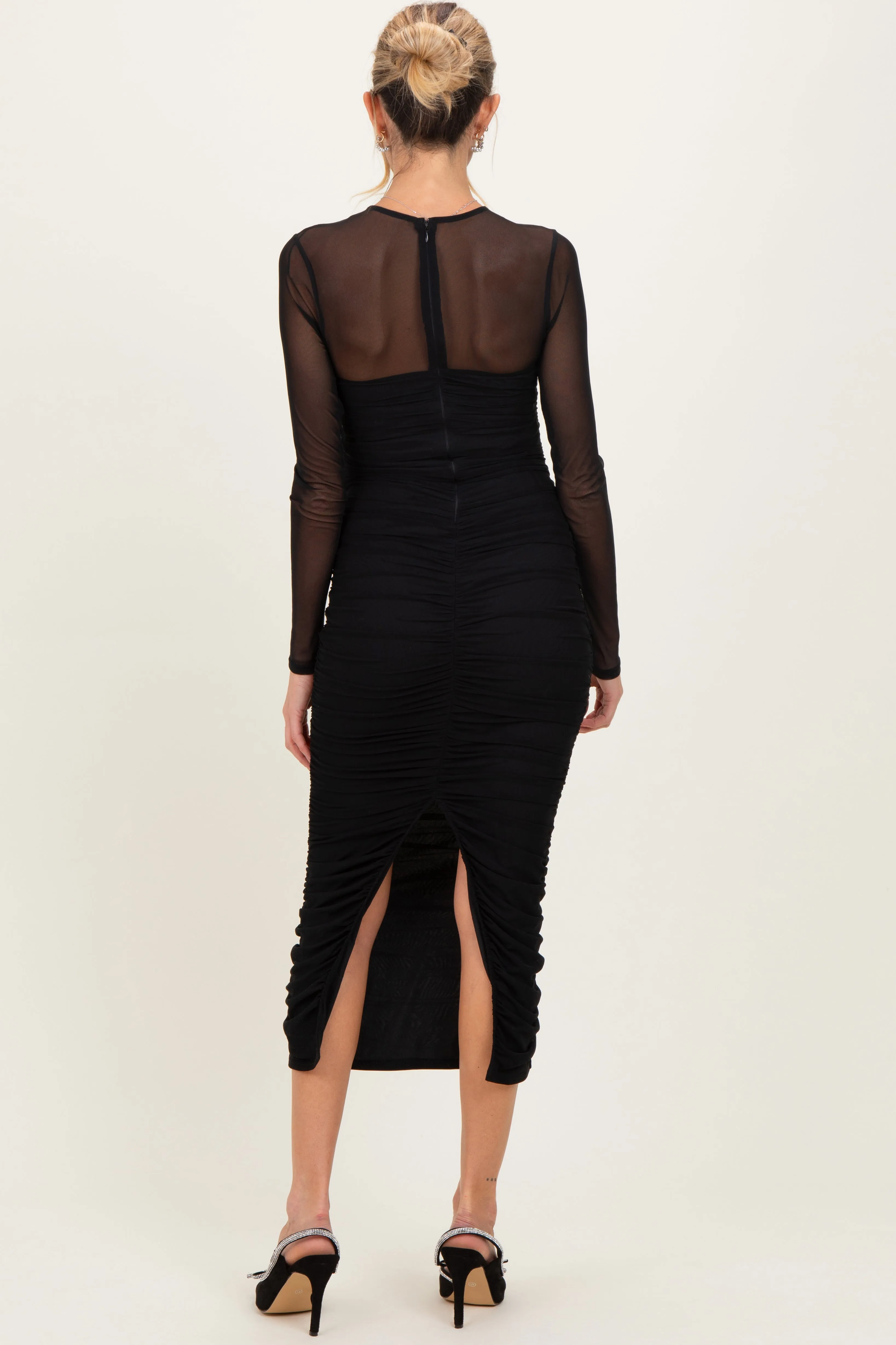 Black Mesh Ruched Long Sleeve Maternity Midi Dress sold by Pinkblush product image thumbnail 4