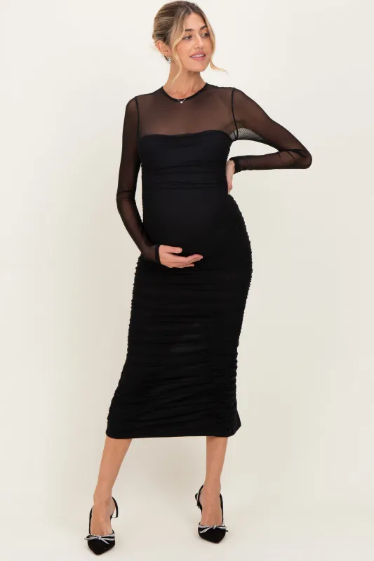 Black Mesh Ruched Long Sleeve Maternity Midi Dress sold by Pinkblush