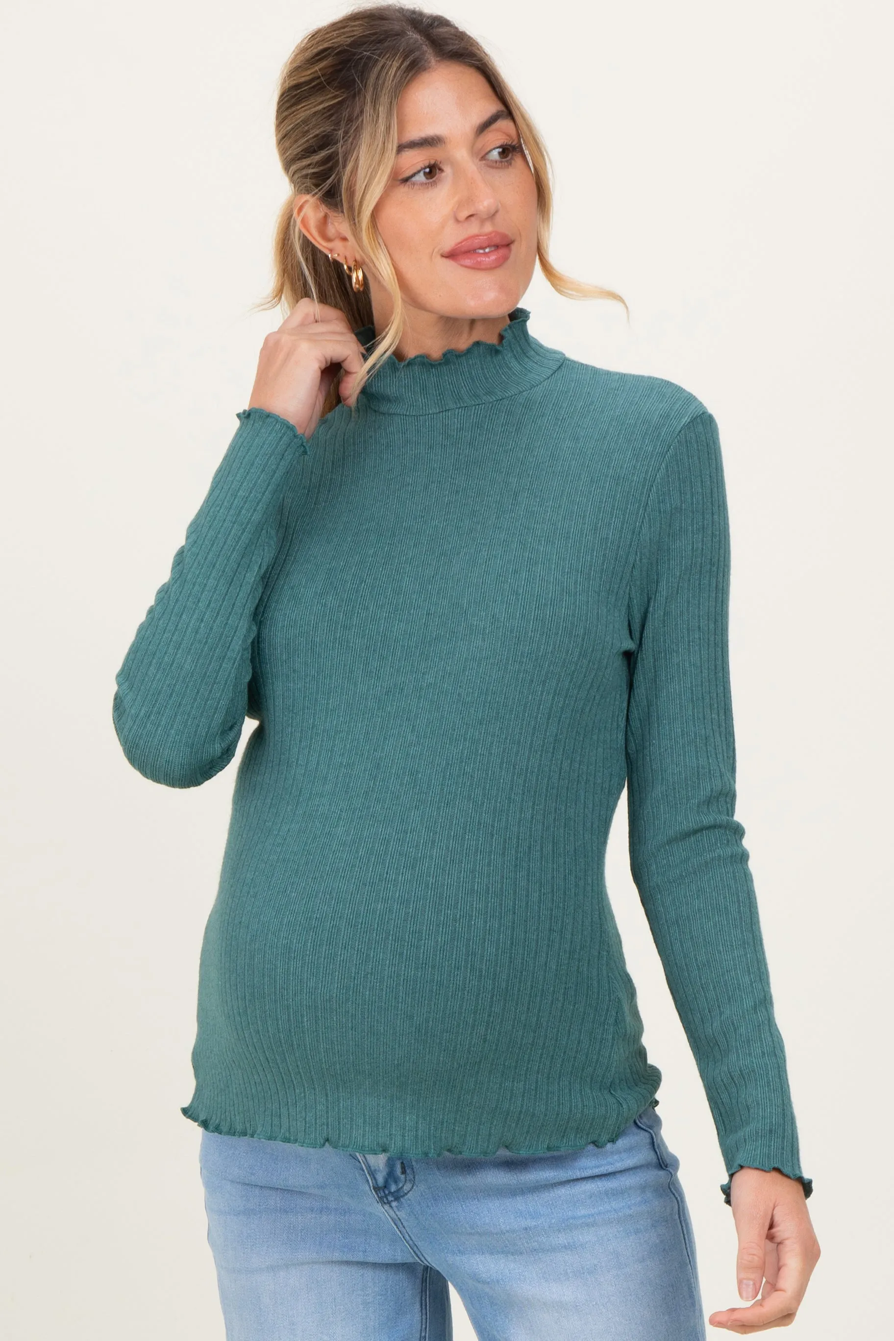 Jade Ribbed Mock Neck Ruffle Hem Maternity Long Sleeve Top sold by Pinkblush