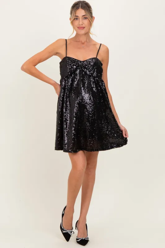 Black Bow Front Sleeveless Sequin Maternity Mini Dress sold by Pinkblush