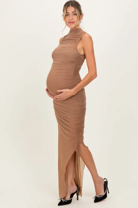 Mocha Mesh Ruched One Sleeve Maternity Maxi Dress sold by Pinkblush