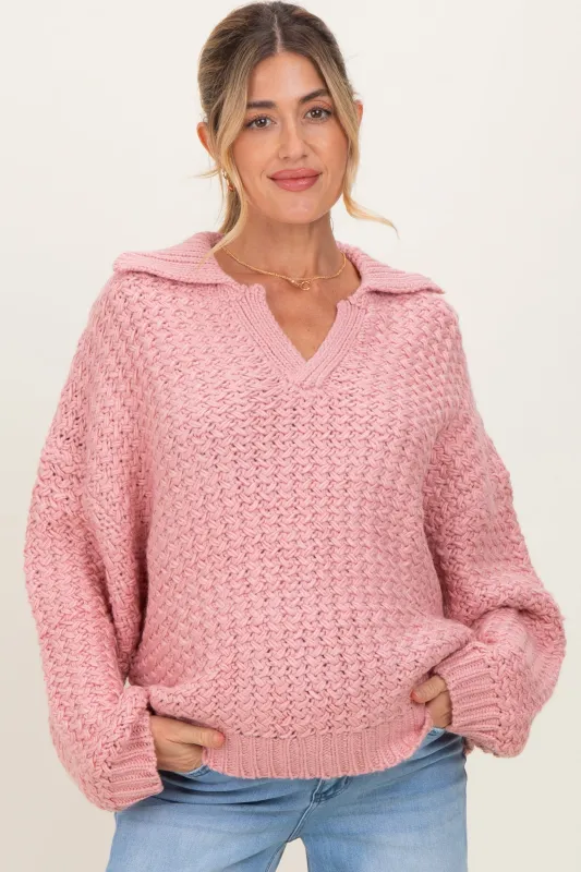 Mauve Collared Cable Knit Maternity Sweater made by Le Lis