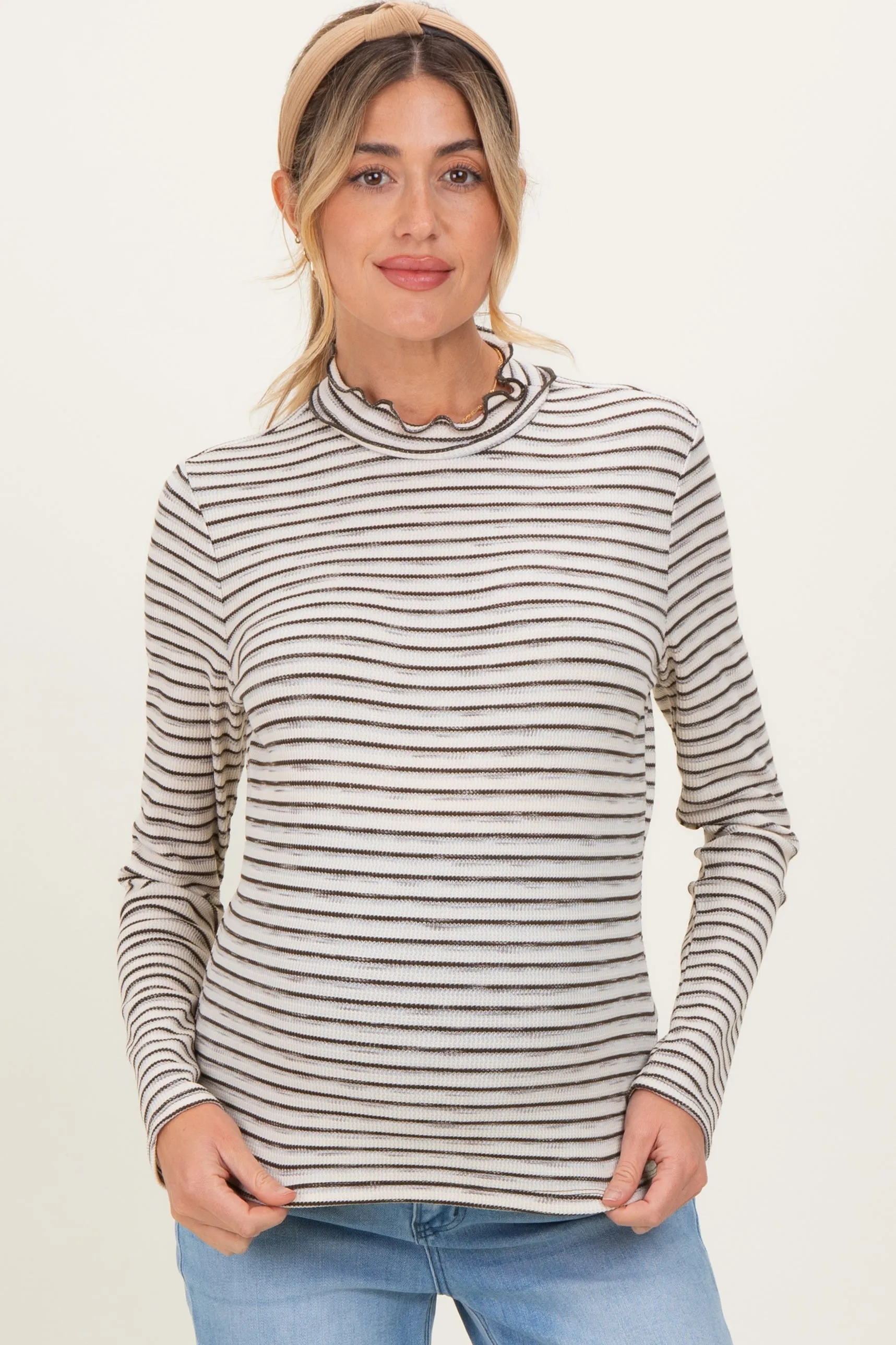 Olive Striped Ribbed Mock Neck Ruffle Hem Maternity Top sold by Pinkblush product image thumbnail 2