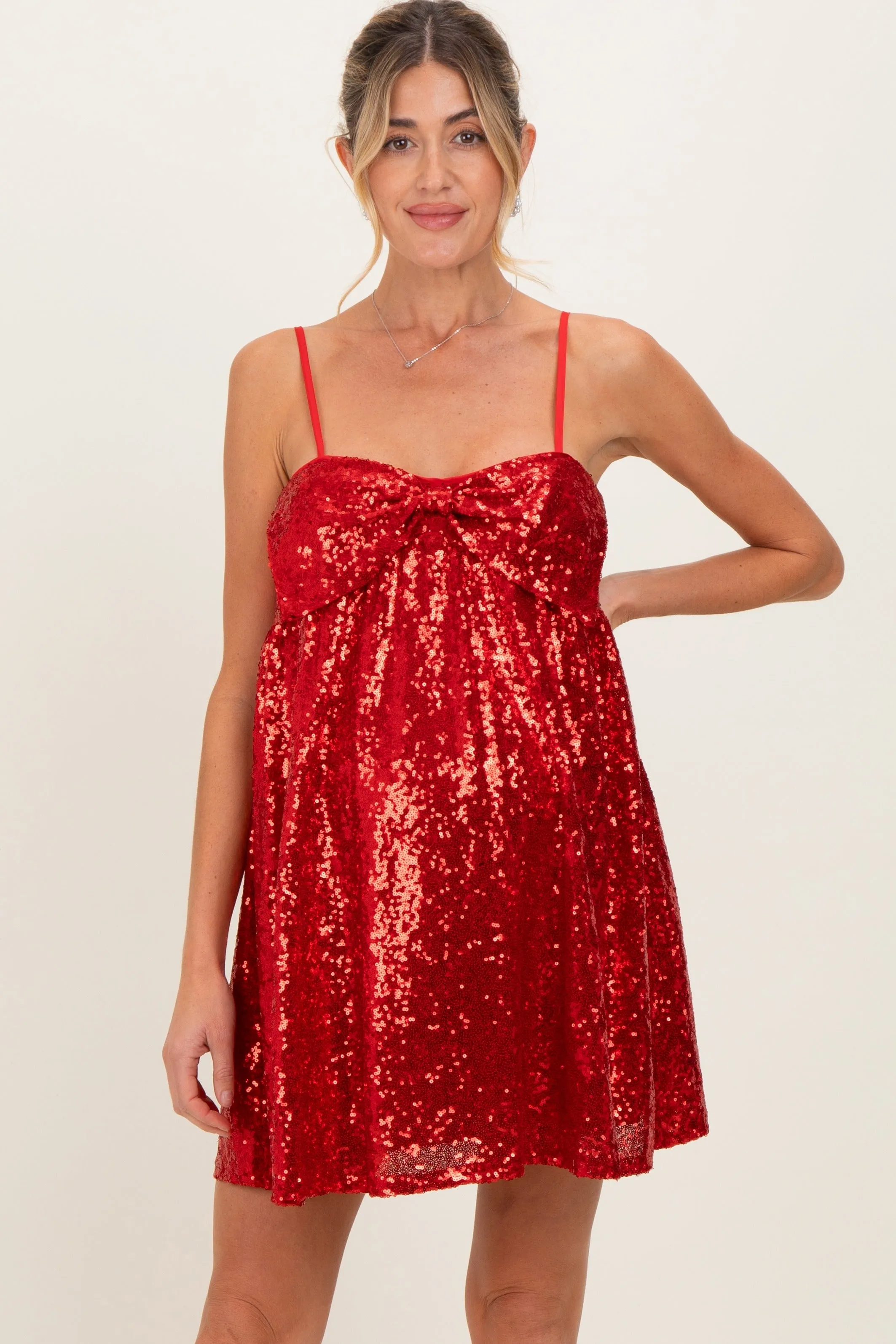 Red Bow Front Sleeveless Sequin Maternity Mini Dress sold by Pinkblush product image thumbnail 2