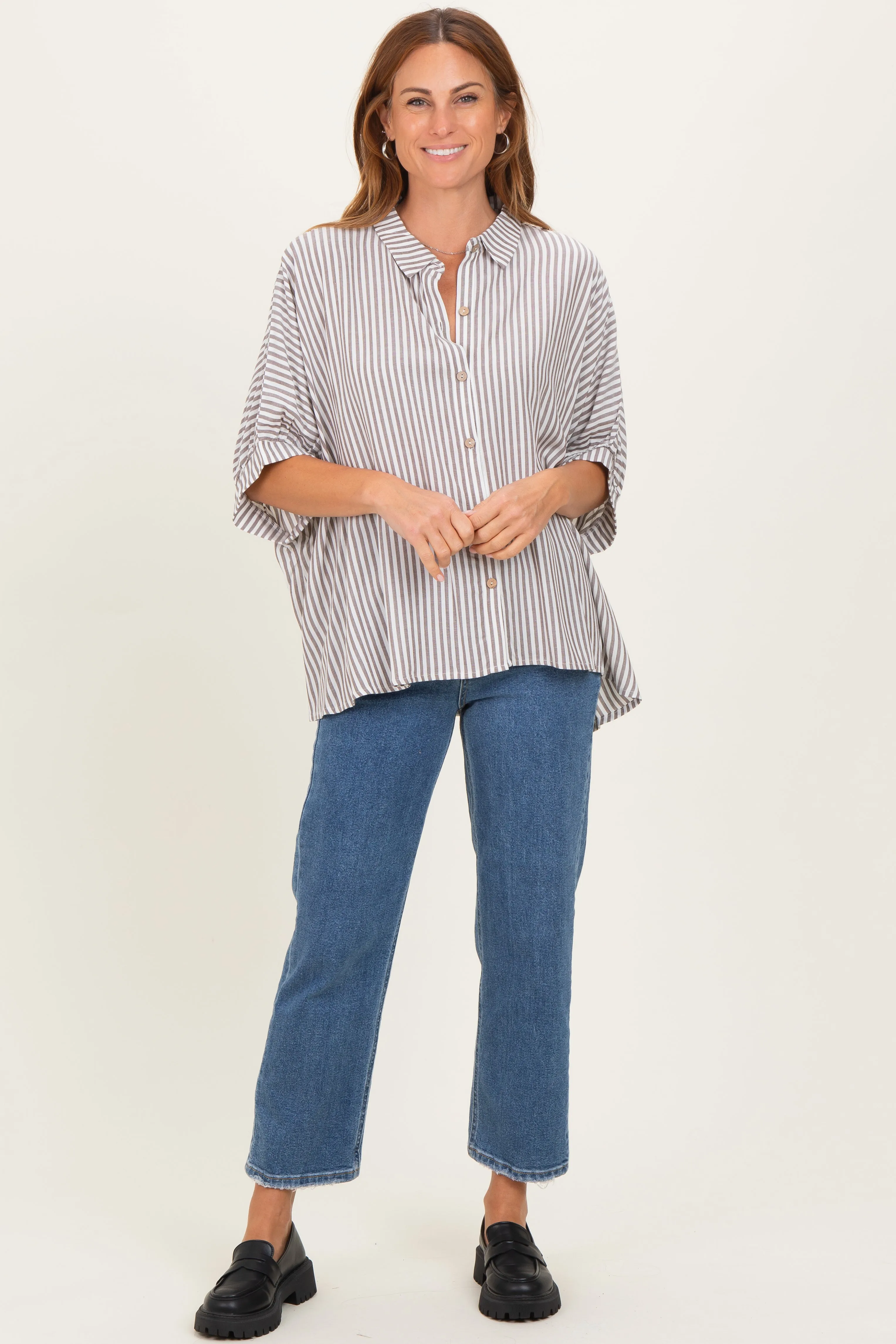 Brown Striped Button Up Dolman Top sold by Pinkblush product image thumbnail 2